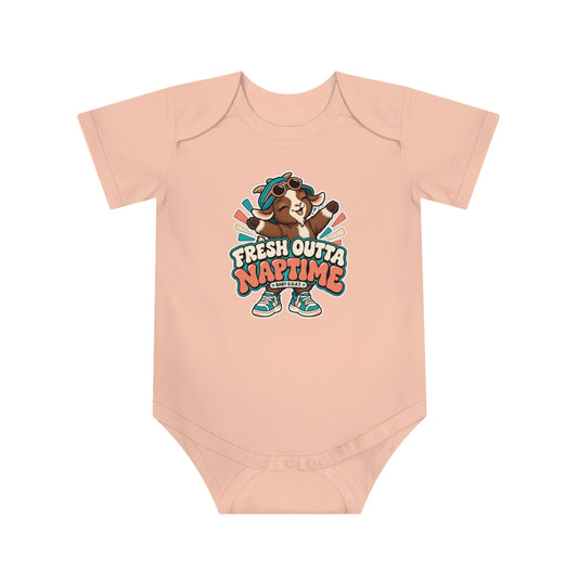 Baby Bodysuit – "Fresh Outta Naptime" Cute Goat Design (Rested Up, Ready to Goat)