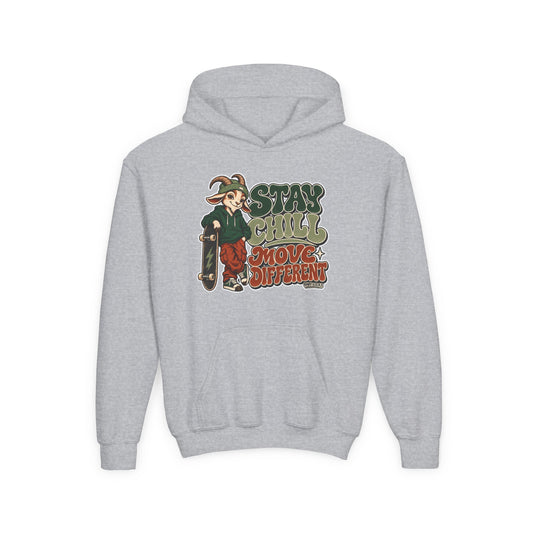 Youth Hoodie — "Stay Chill, Move Different" Skate G.O.A.T (Chill Mode G.O.A.T. Mindset) Youth Heavy Blend Hooded Sweatshirt