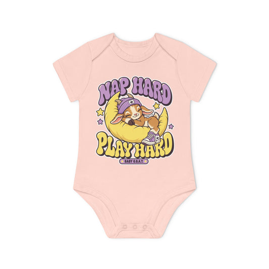 Baby Bodysuit — "Nap Hard Play Hard" Cute Sleepy Bunny Organic Onesie