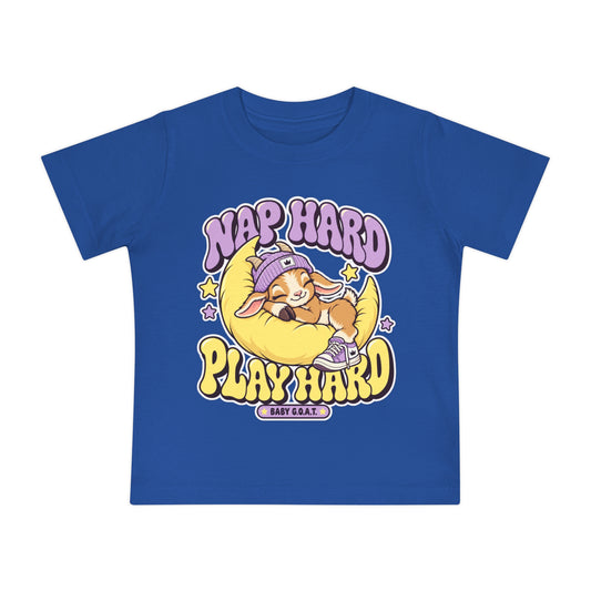 Baby T-Shirt — "Nap Hard Play Hard" Cute Sleeping Baby G.O.A.T Graphic T-Shirt