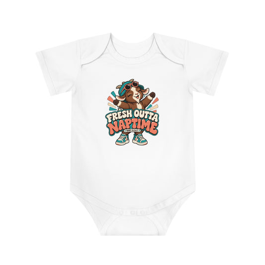 Baby Bodysuit – "Fresh Outta Naptime" Cute Goat Design (Rested Up, Ready to Goat)
