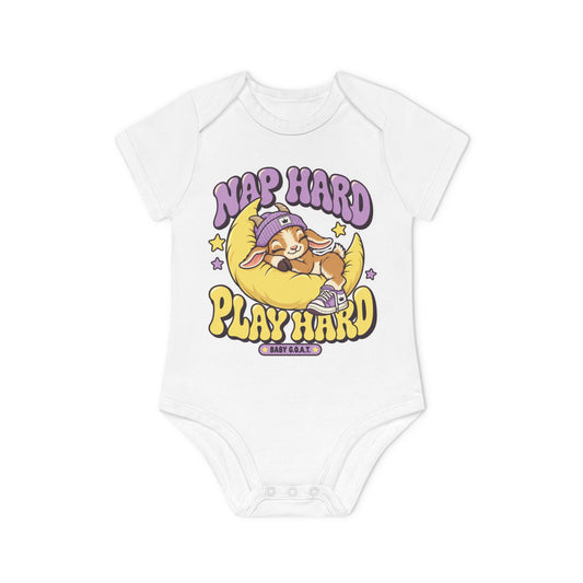 Baby Bodysuit — "Nap Hard Play Hard" Cute Sleepy Bunny Organic Onesie