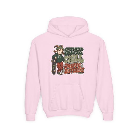 Youth Hoodie — "Stay Chill, Move Different" Skate G.O.A.T (Chill Mode G.O.A.T. Mindset) Youth Heavy Blend Hooded Sweatshirt