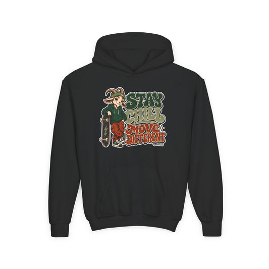 Youth Hoodie — "Stay Chill, Move Different" Skate G.O.A.T (Chill Mode G.O.A.T. Mindset) Youth Heavy Blend Hooded Sweatshirt