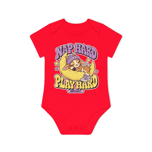 Baby Bodysuit — "Nap Hard Play Hard" Cute Sleepy Bunny Organic Onesie