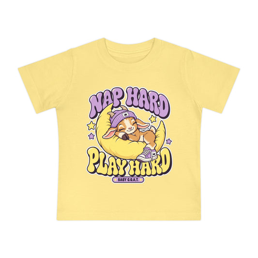 Baby T-Shirt — "Nap Hard Play Hard" Cute Sleeping Baby G.O.A.T Graphic T-Shirt