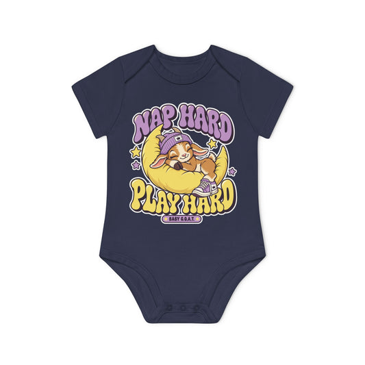 Baby Bodysuit — "Nap Hard Play Hard" Cute Sleepy Bunny Organic Onesie