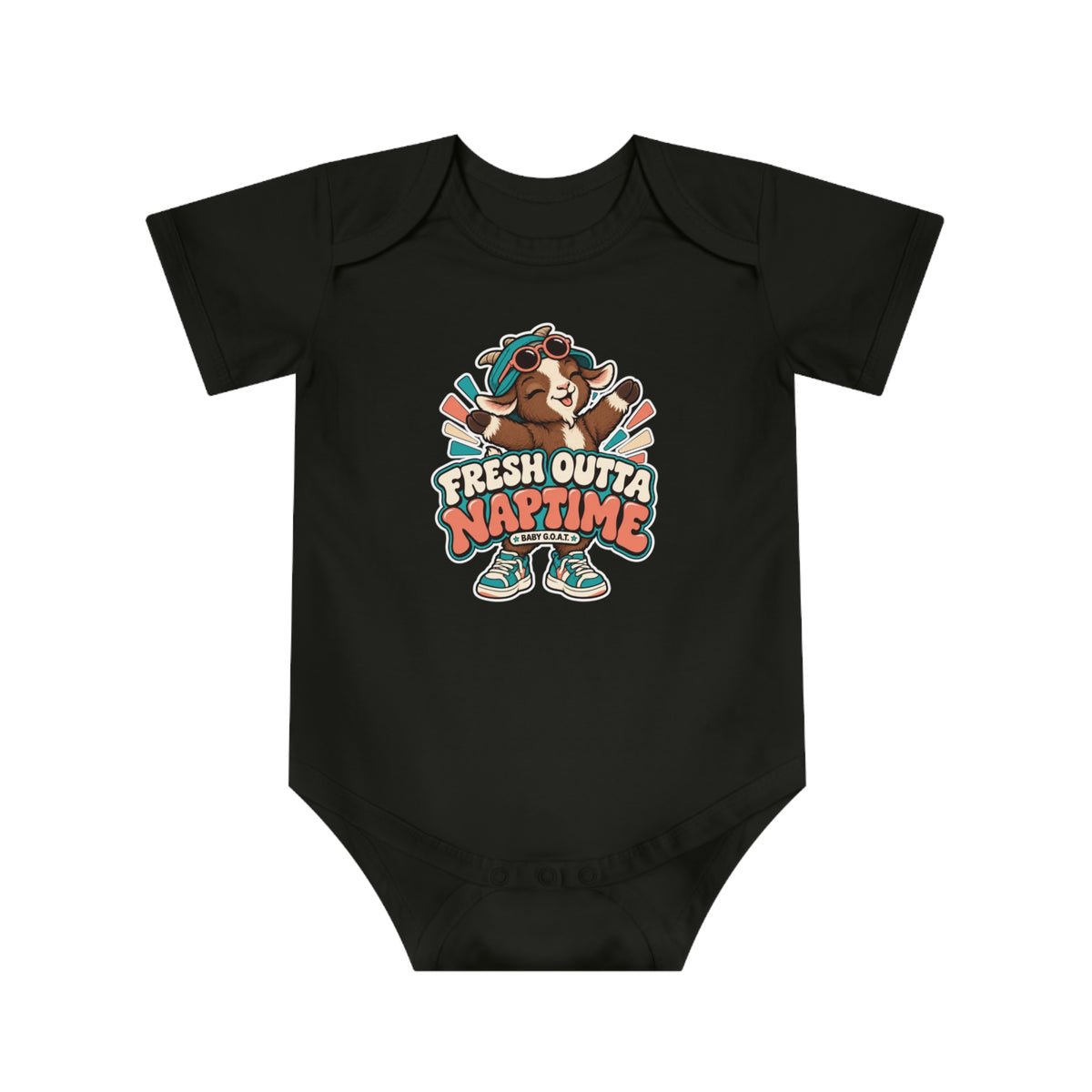Baby Bodysuit – "Fresh Outta Naptime" Cute Goat Design (Rested Up, Ready to Goat)