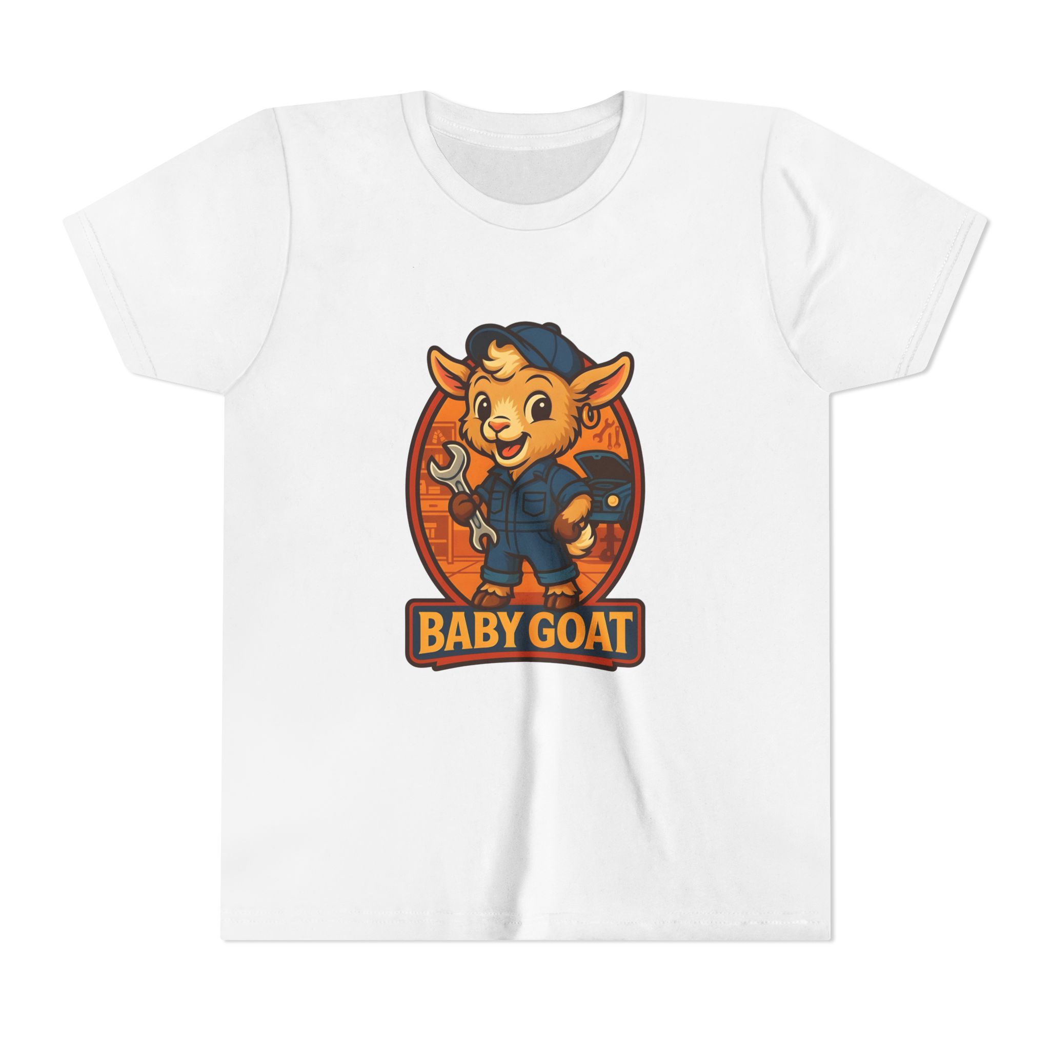Ollie the Auto Helper Baby Goat Kids T‑Shirt – Cute Mechanic Kid Cartoon Tee