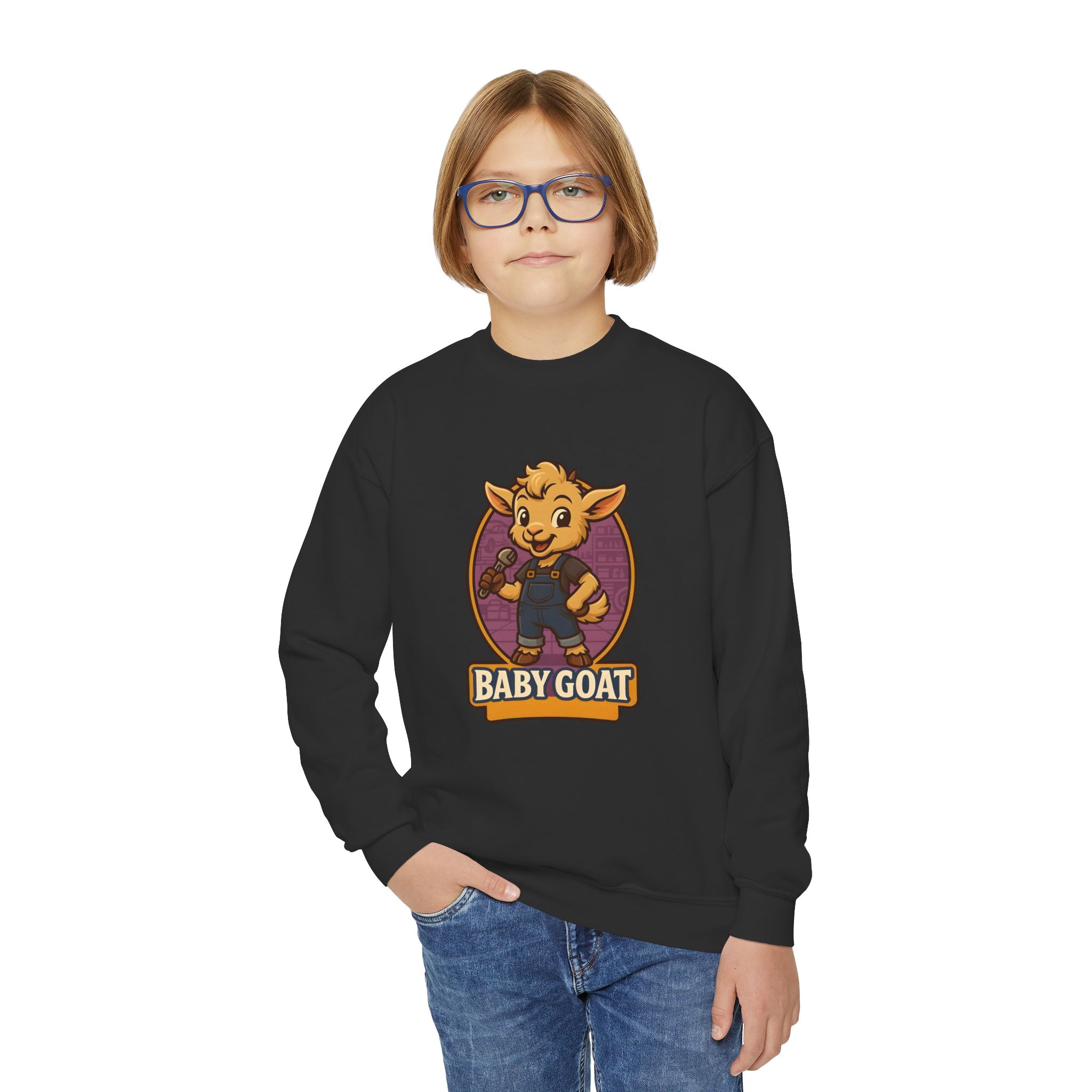 Youth Crewneck Sweatshirt - Cute 'Baby Goat' Cartoon Kids Pullover - Image 3