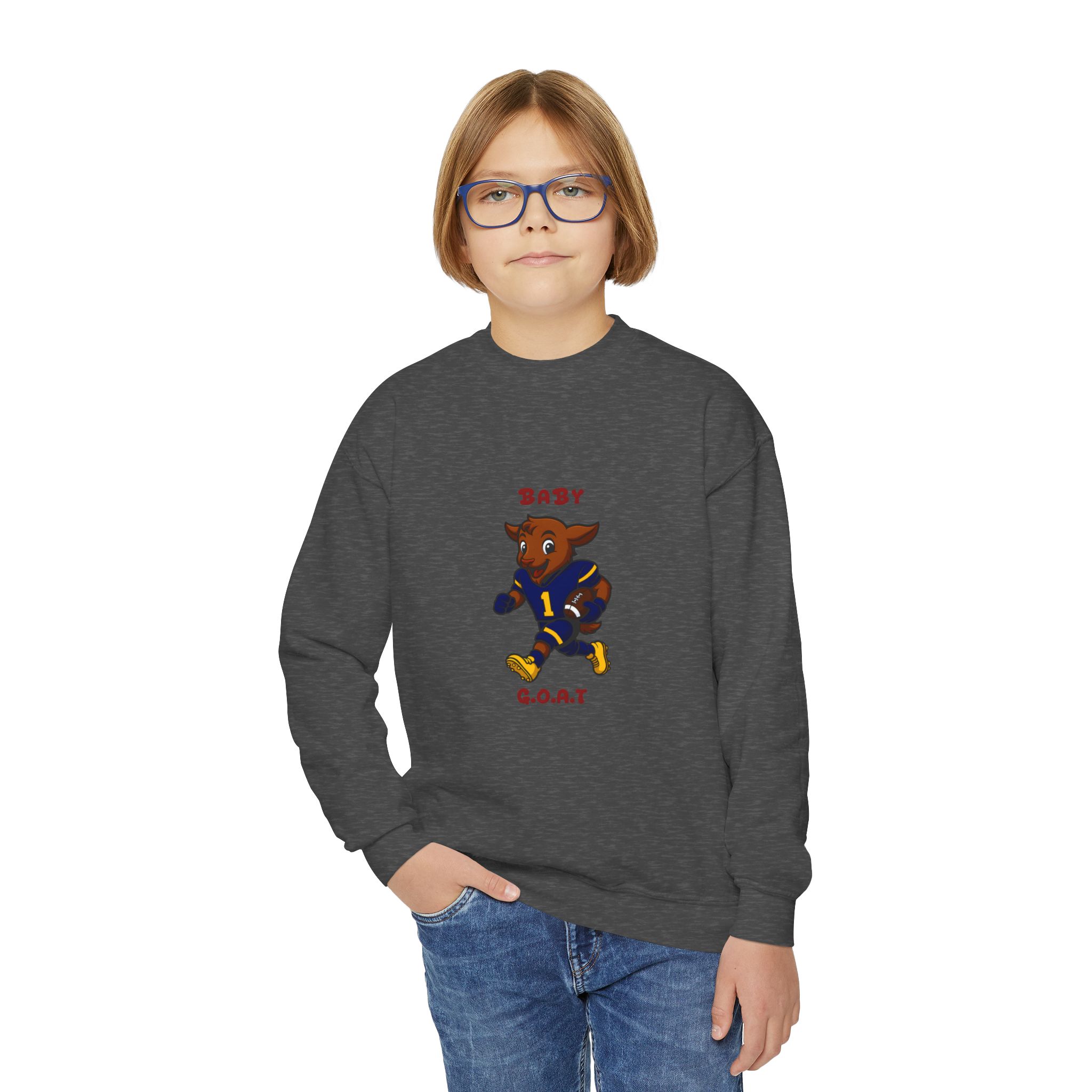 Davon The Touchdown Star In Action Baby G.O.A.T. Youth Crewneck Sweatshirt — Cute Cartoon Goat Graphic - Image 11