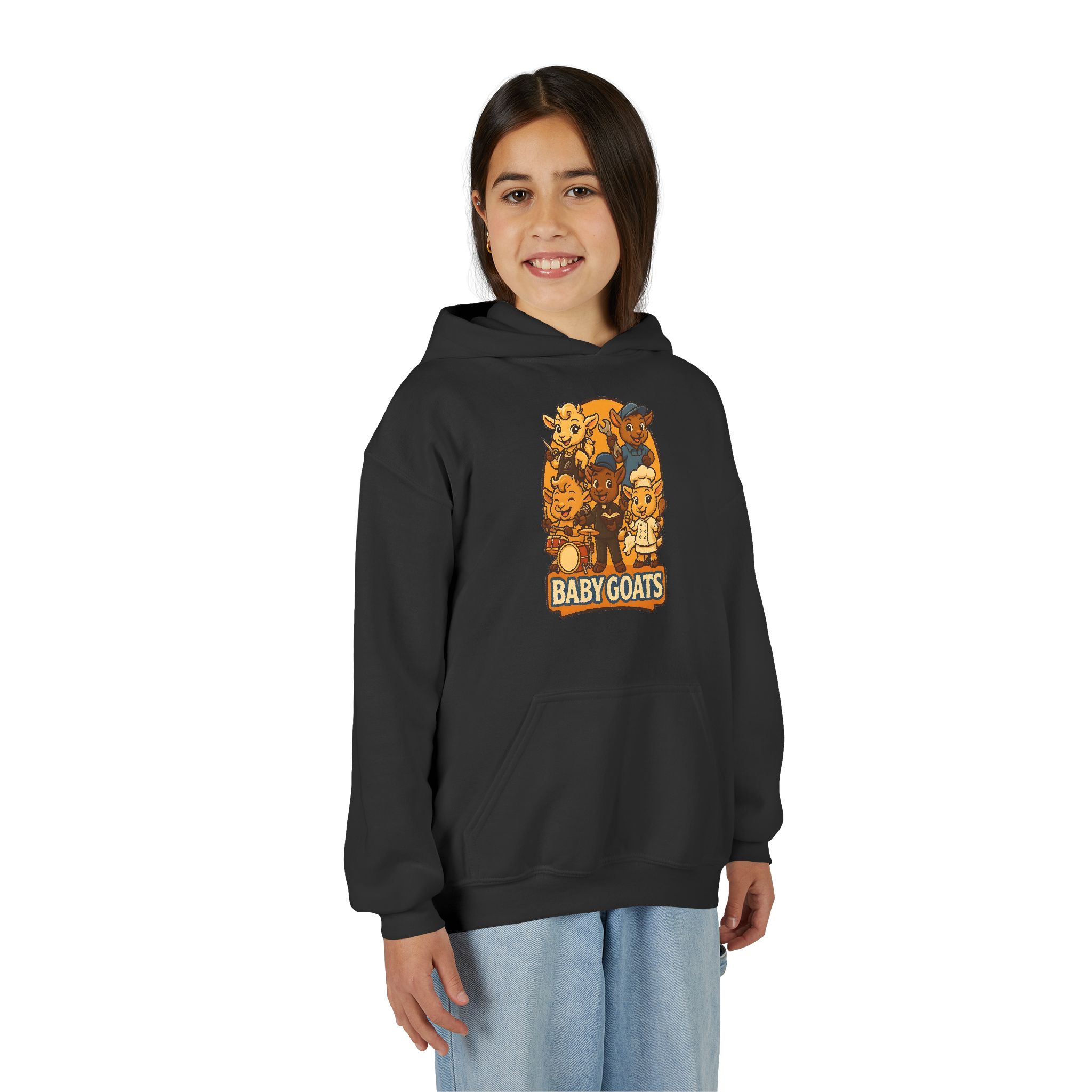 Little Dreamers Youth Heavy Blend Hooded Sweatshirt - Cute "Baby GOATS" Cartoon Band Graphic - Image 4