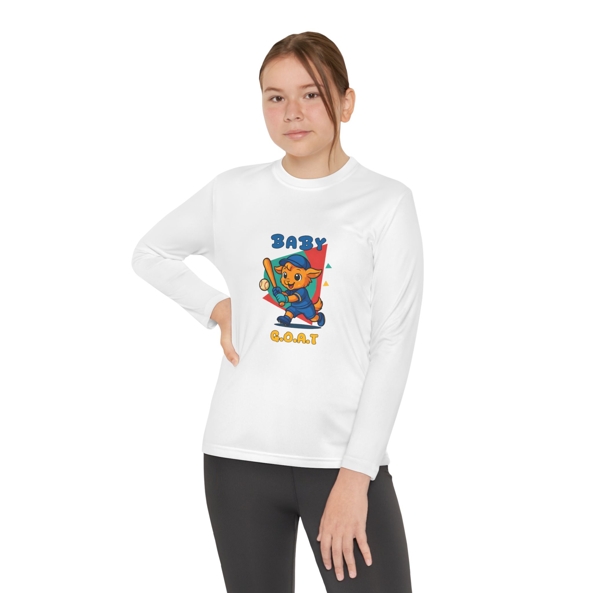 Barry the Slugger Youth Long Sleeve Tee — 'Baby G.O.A.T.' Cute Cartoon Baseball Cat Shirt - Image 4