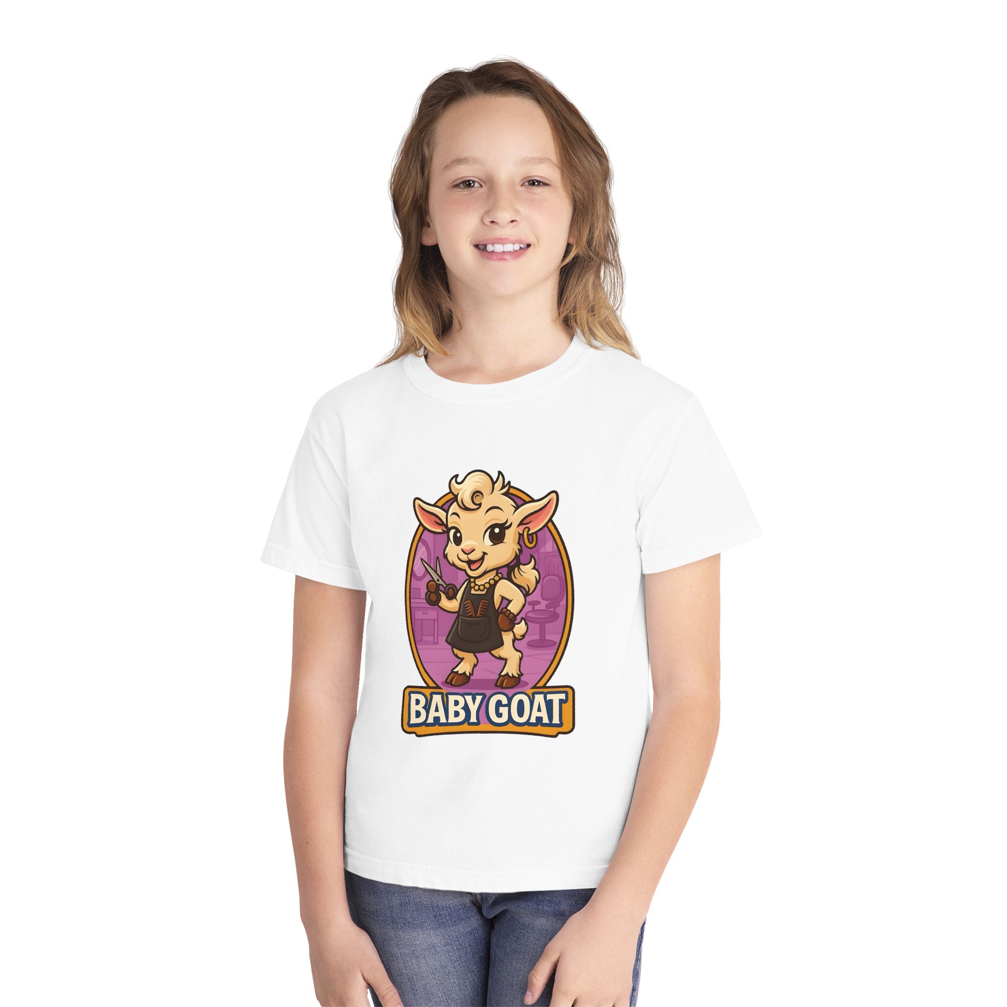 Joy the Stylist Baby Goat Youth Tee – Cute Cartoon Kid’s T-Shirt - Image 3
