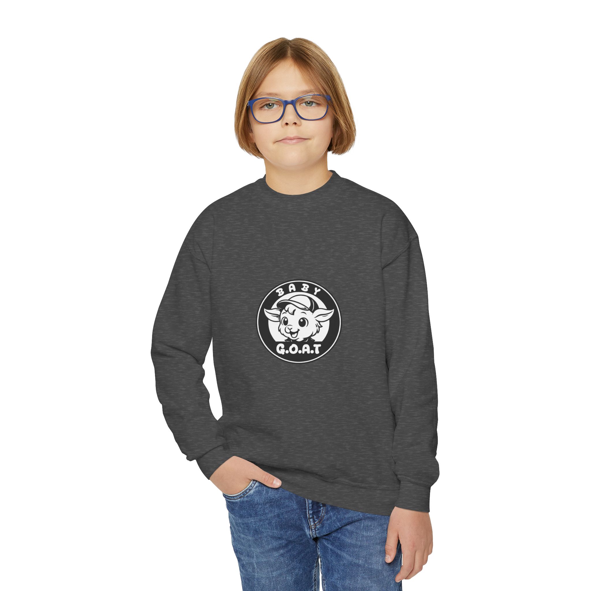 Baby G.O.A.T – Classic Edition Youth Crewneck Sweatshirt — "Baby G.O.A.T." Cute Goat Logo Kids Pullover - Image 11