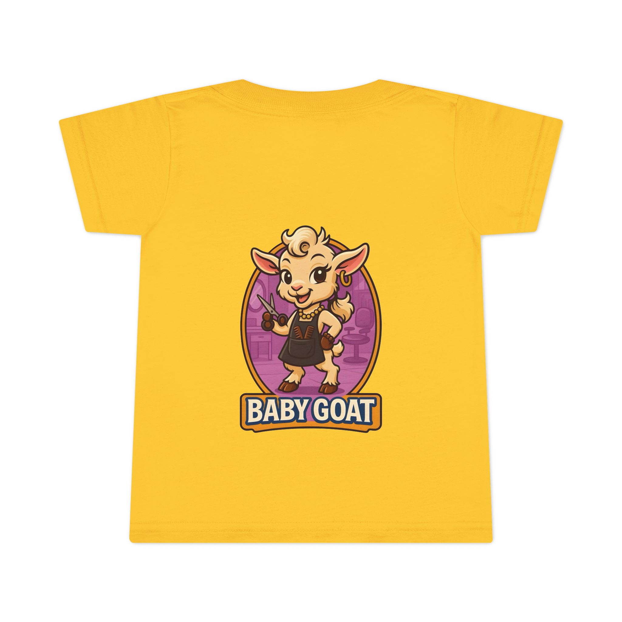 Joy the Stylist Baby Goat Toddler T-Shirt — Cute Cartoon Kid's Tee ("BABY GOAT" Design) - Image 5