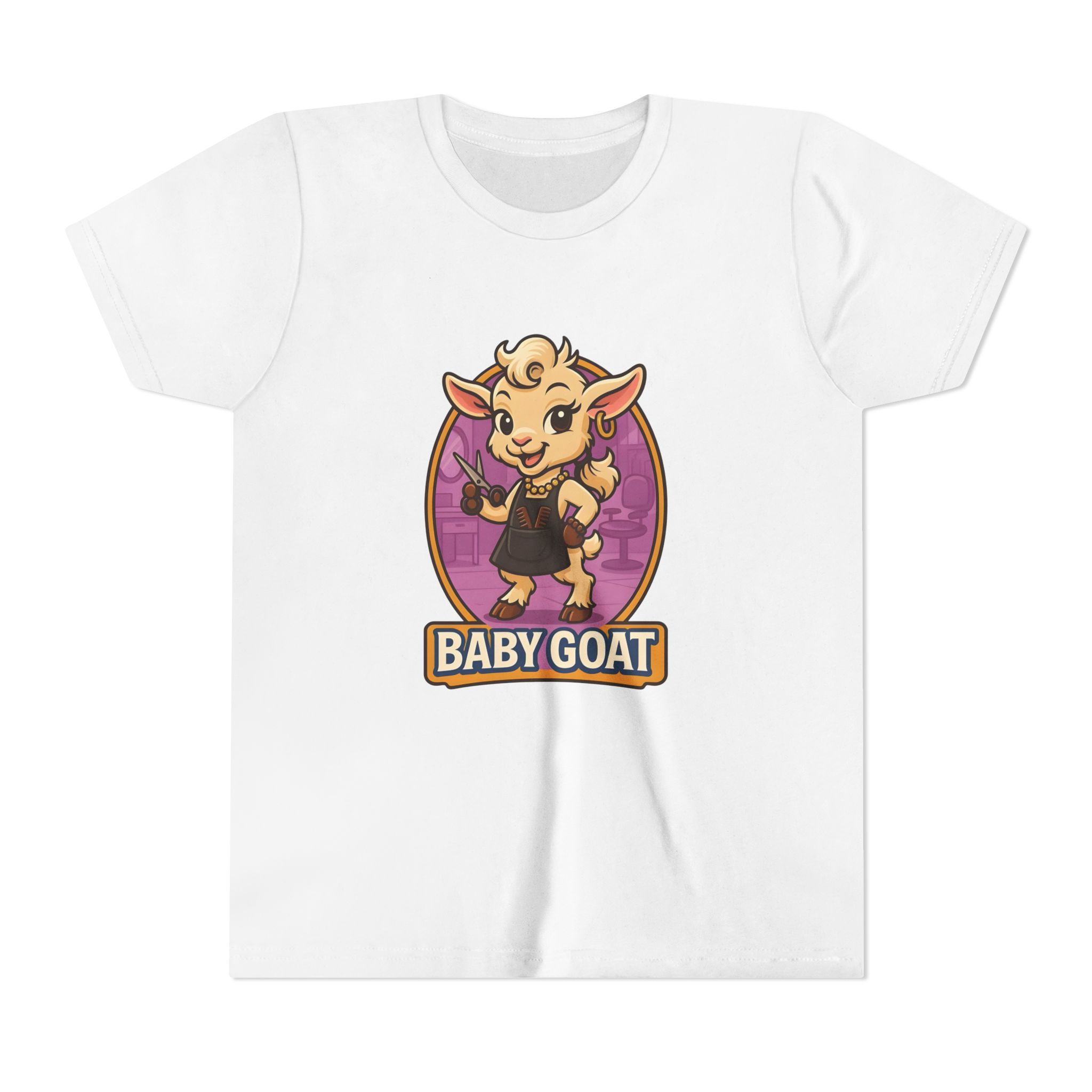 Joy the Stylist Baby Goat Youth T‑Shirt — Cute Cartoon Kid Tee with 'Baby Goat' Text