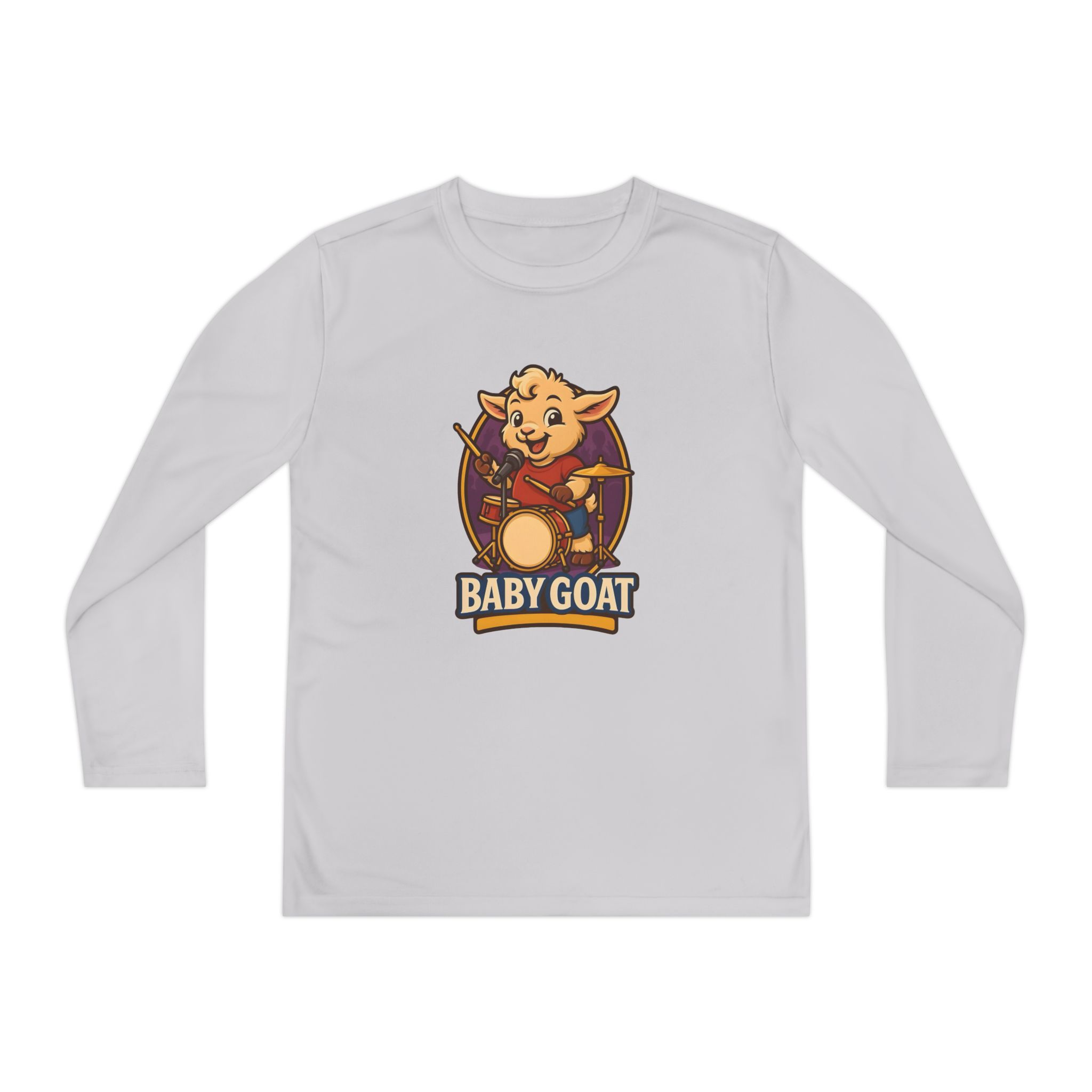 Youth Long Sleeve Tee — Cute 'Baby Goat' Cartoon Drum Mascot