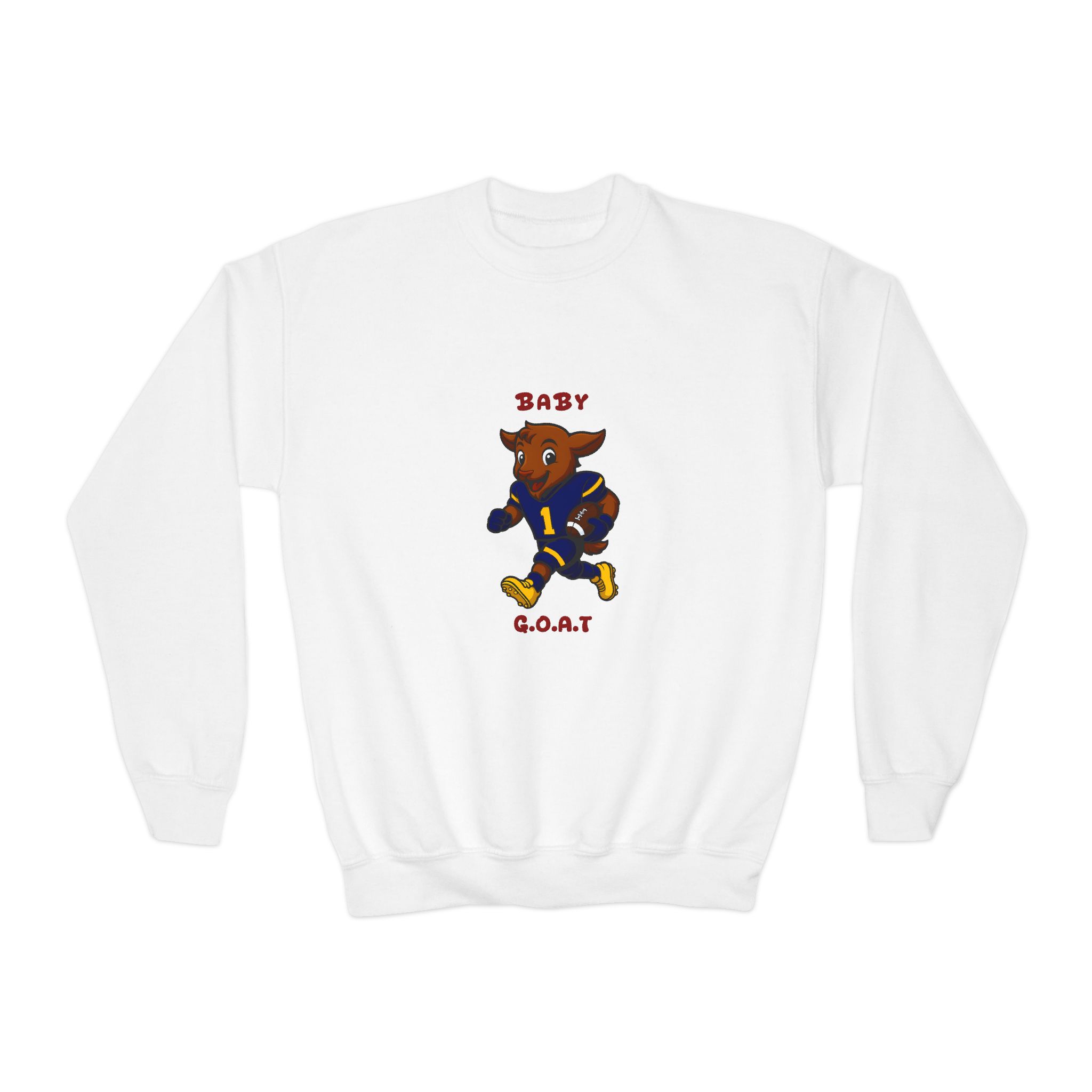 Davon The Touchdown Star In Action Baby G.O.A.T. Youth Crewneck Sweatshirt — Cute Cartoon Goat Graphic