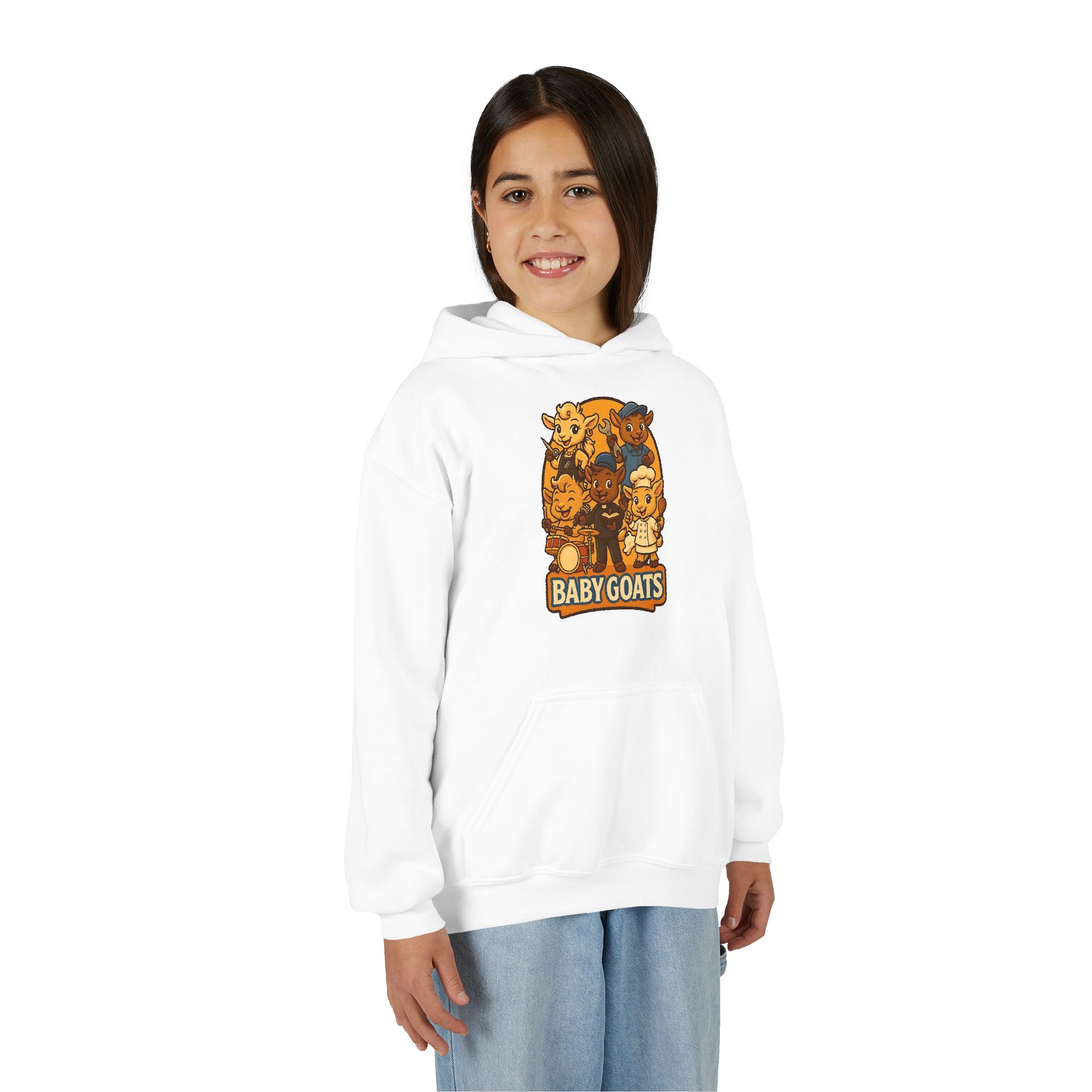 Little Dreamers Youth Heavy Blend Hooded Sweatshirt - Cute "Baby GOATS" Cartoon Band Graphic - Image 8