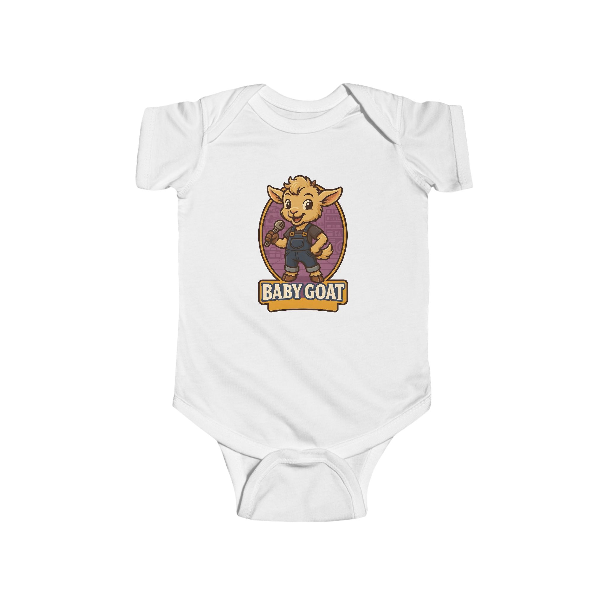 Ollie the Fix-It Goat Baby Goat Infant Bodysuit — Cute Cartoon Goat "Baby Goat" Graphic