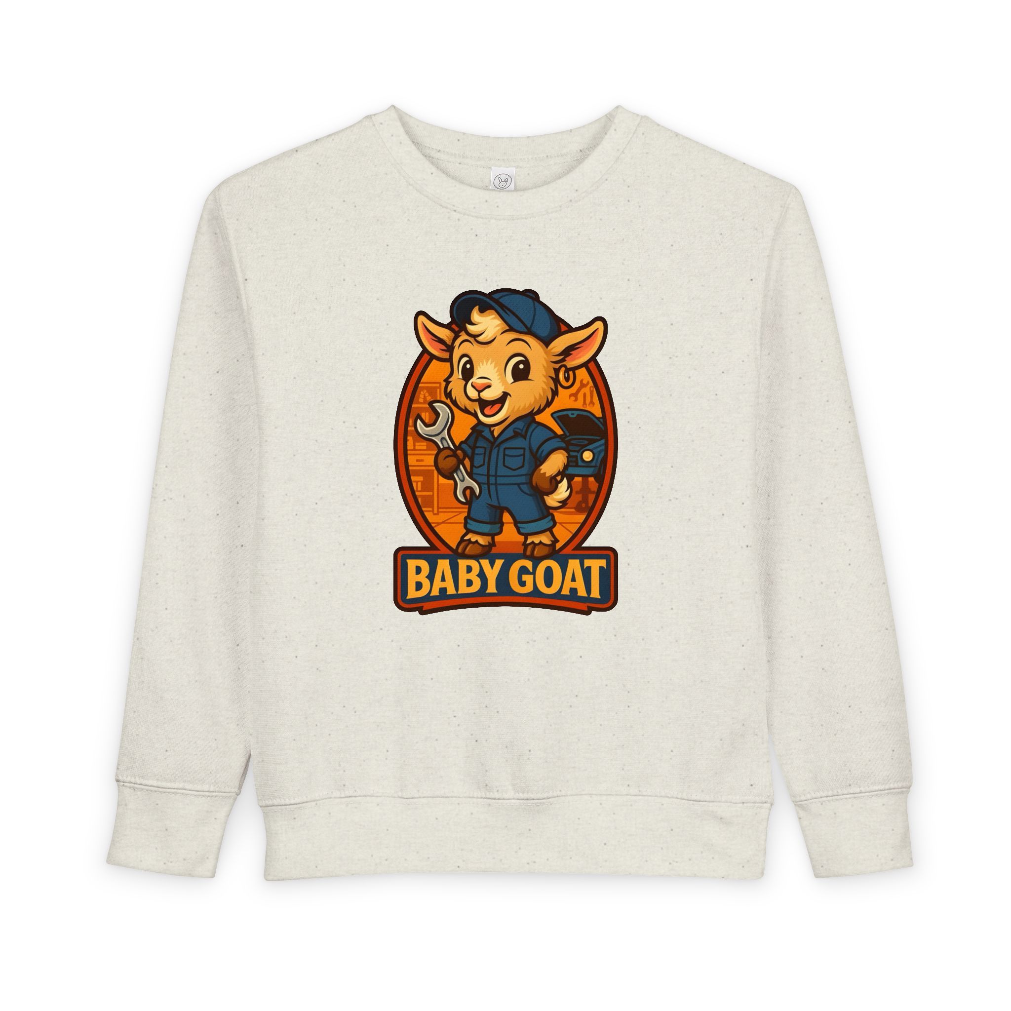 Ollie the Auto Helper Baby Goat Toddler Sweatshirt — Cute Mechanic Goat Graphic