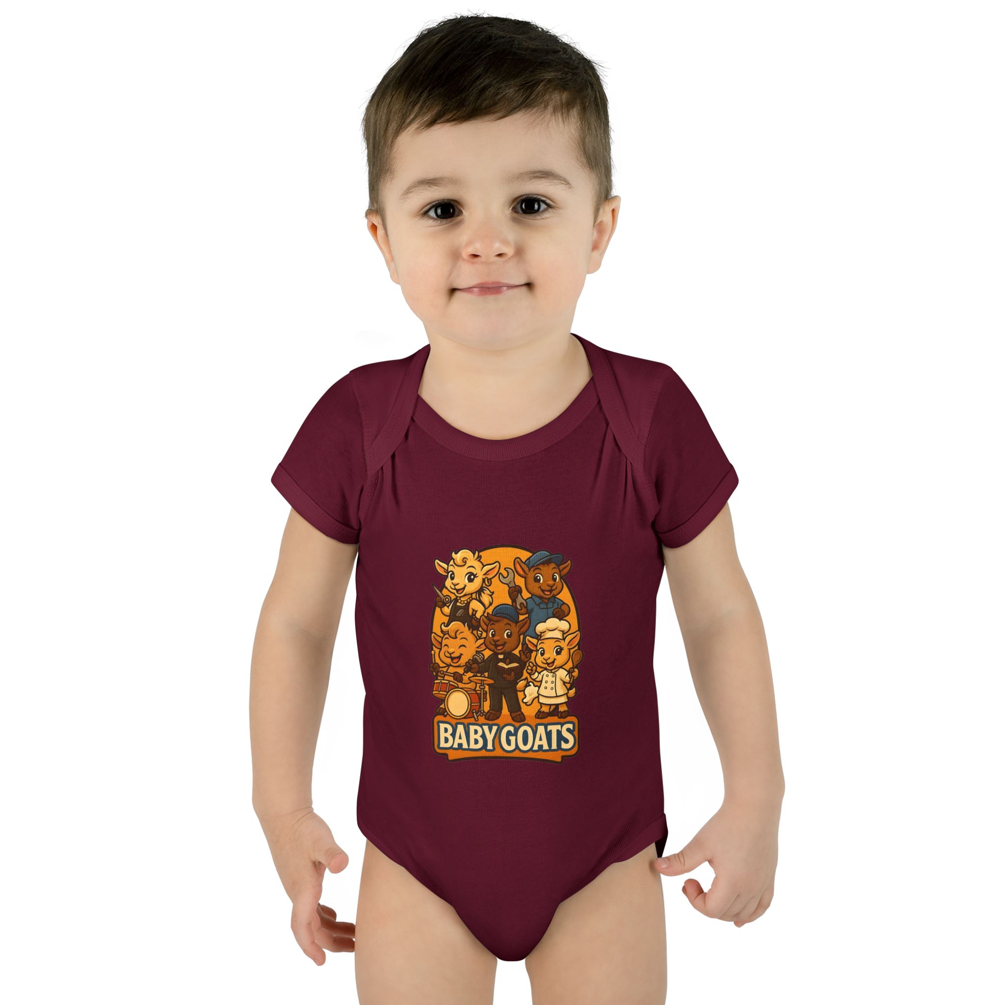Little Dreamers Baby Goats Infant Bodysuit — Cute "Baby GOATS" Cartoon Band Graphic Front and Back