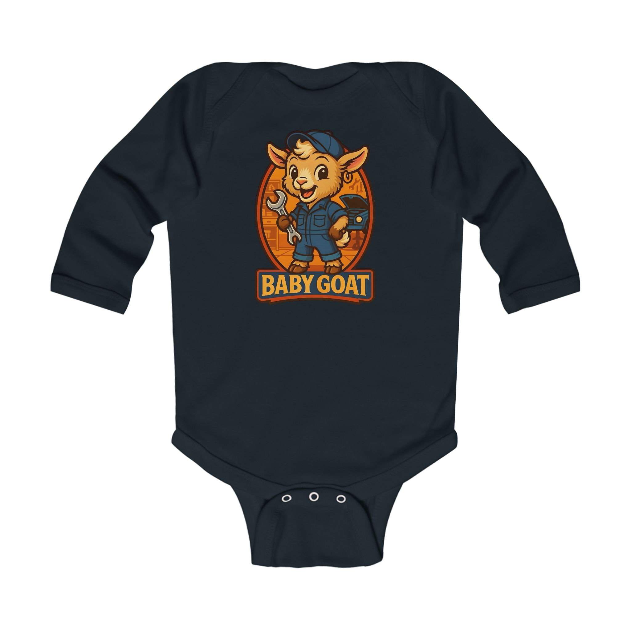 Ollie the Auto Helper Baby Goat Infant Bodysuit – Cute Goat Mechanic Long Sleeve Onesie