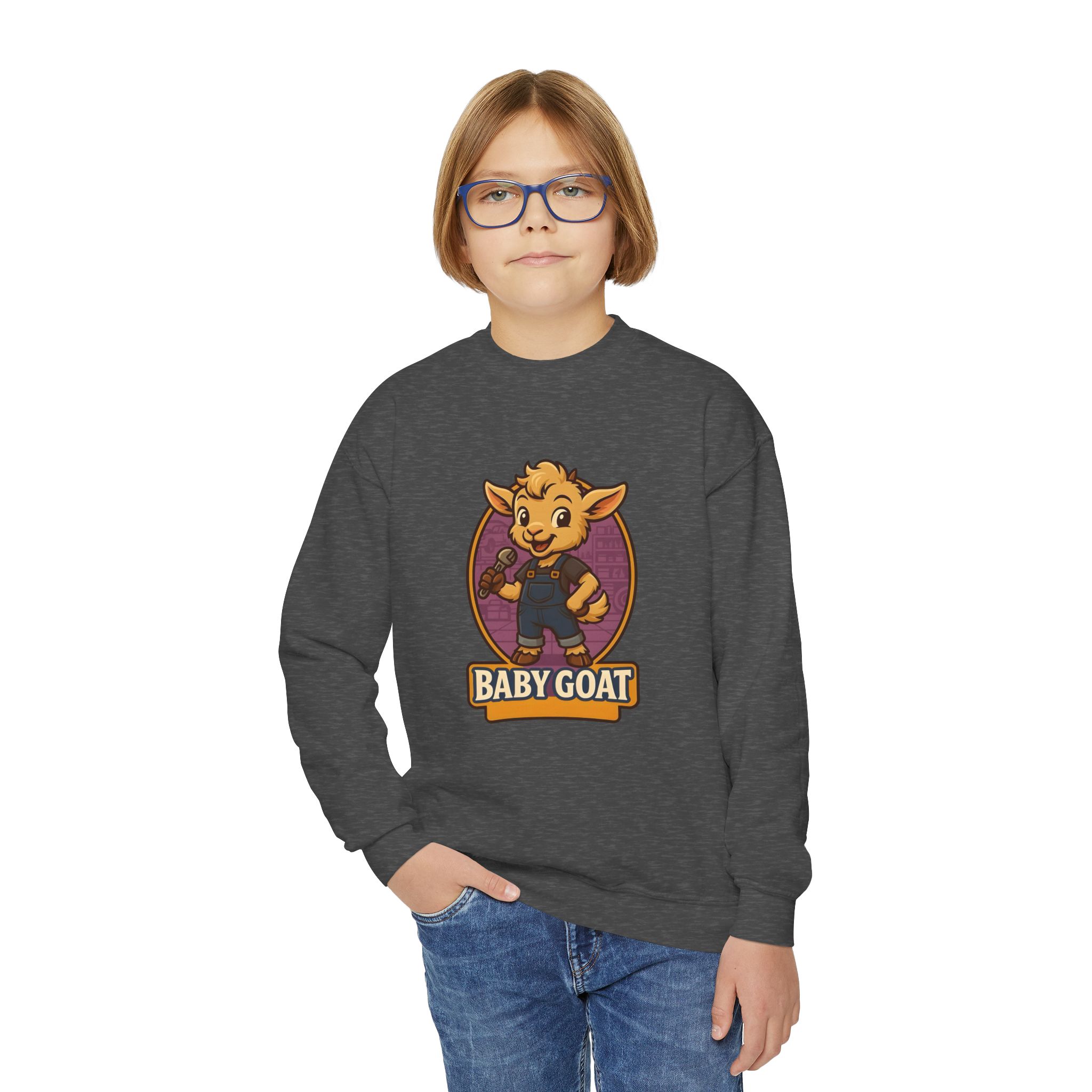 Youth Crewneck Sweatshirt - Cute 'Baby Goat' Cartoon Kids Pullover - Image 11