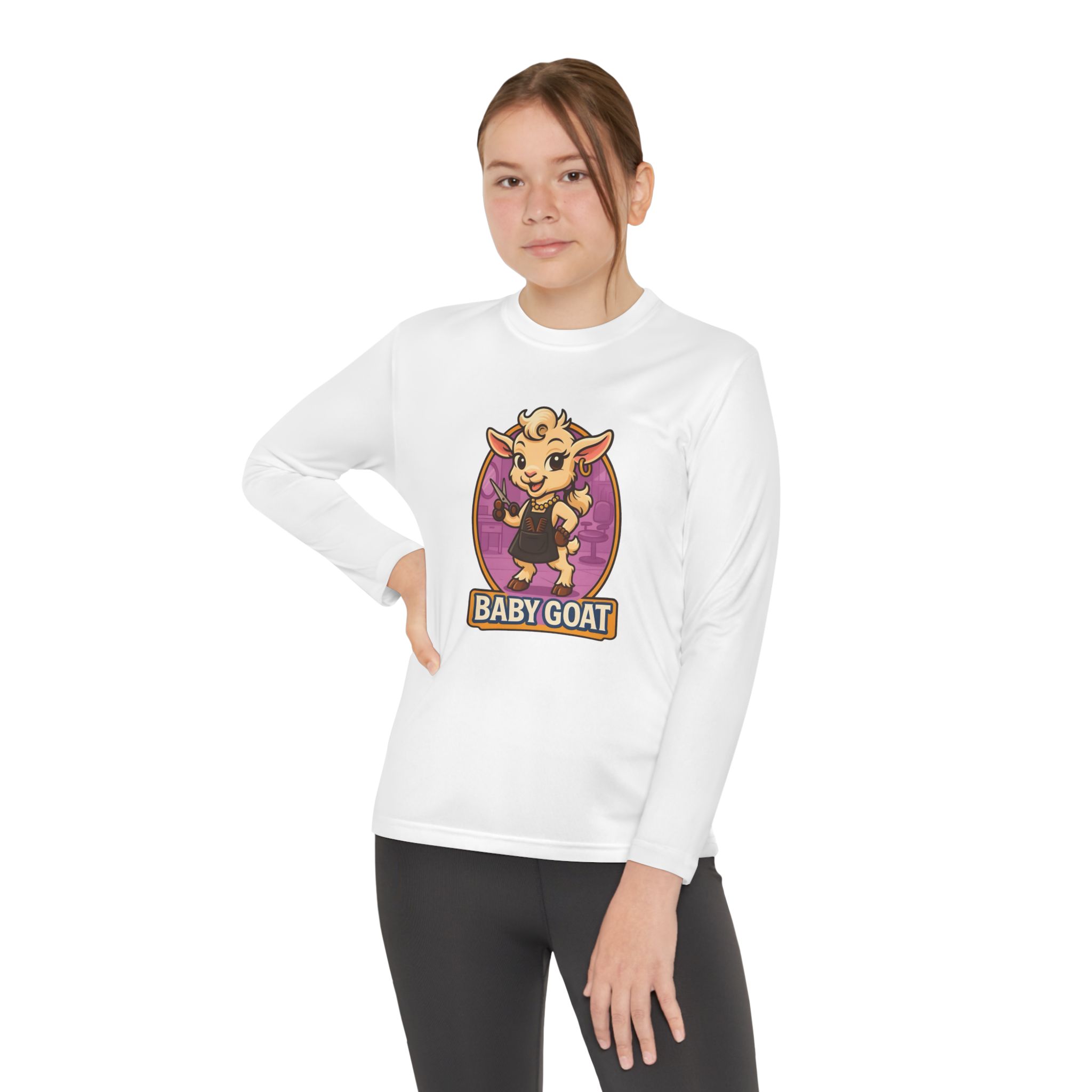 Joy the Stylist Baby Goat Youth Long Sleeve Tee — Cute Cartoon Kid’s Shirt - Image 4