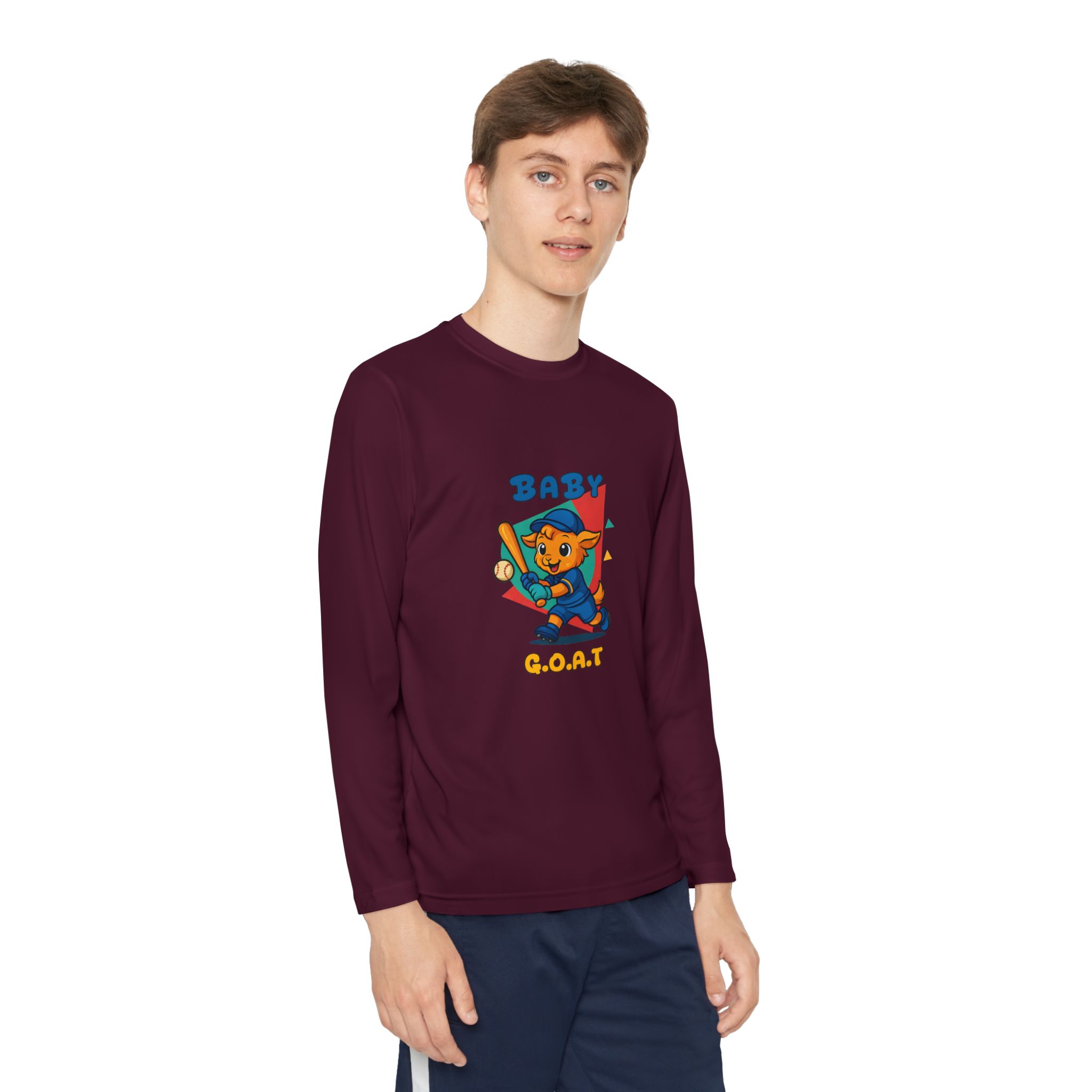 Barry the Slugger Youth Long Sleeve Tee — 'Baby G.O.A.T.' Cute Cartoon Baseball Cat Shirt - Image 15