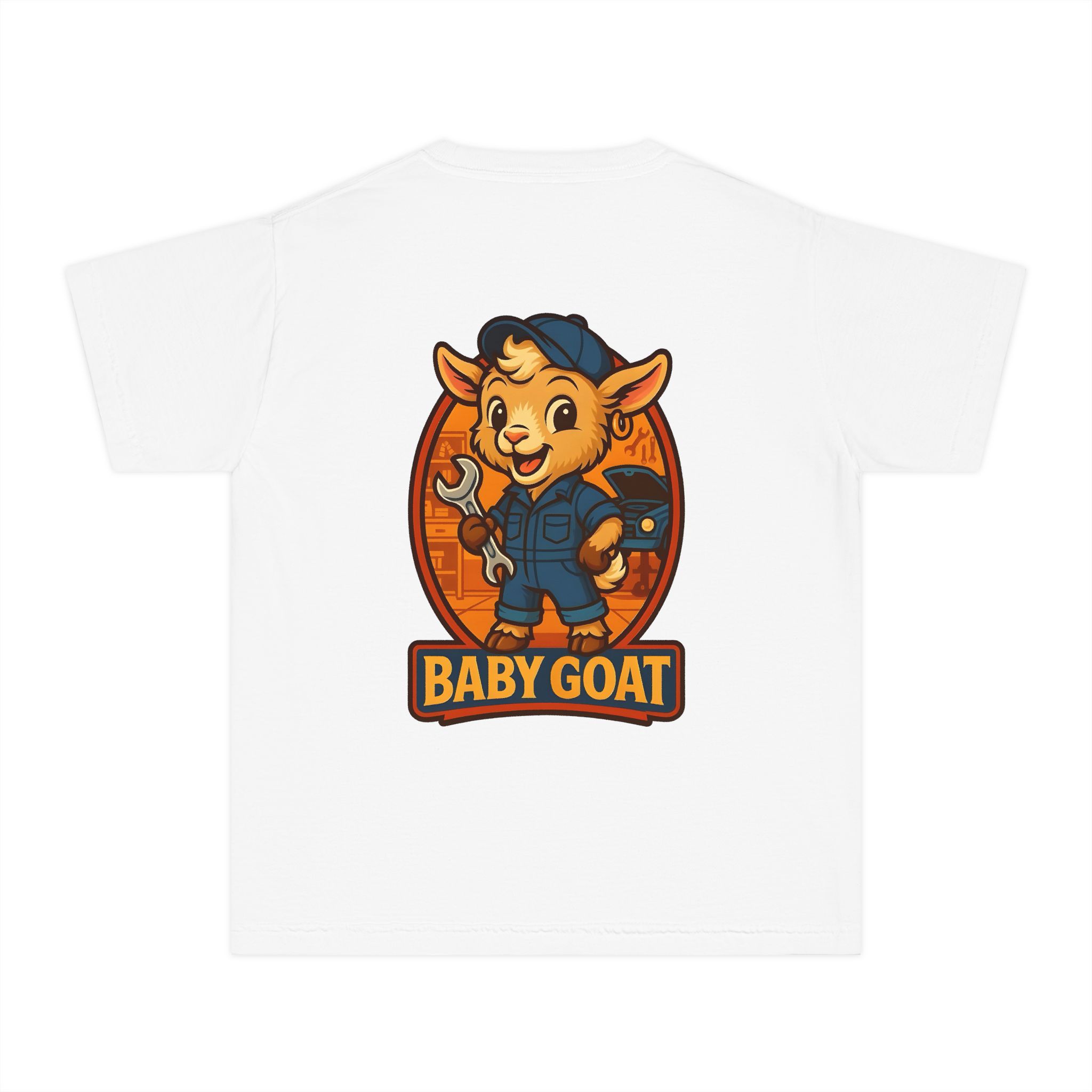 Ollie the Auto Helper Baby Goat Kid’s Tee – Cute Mechanic Baby Goat Graphic Shirt - Image 2