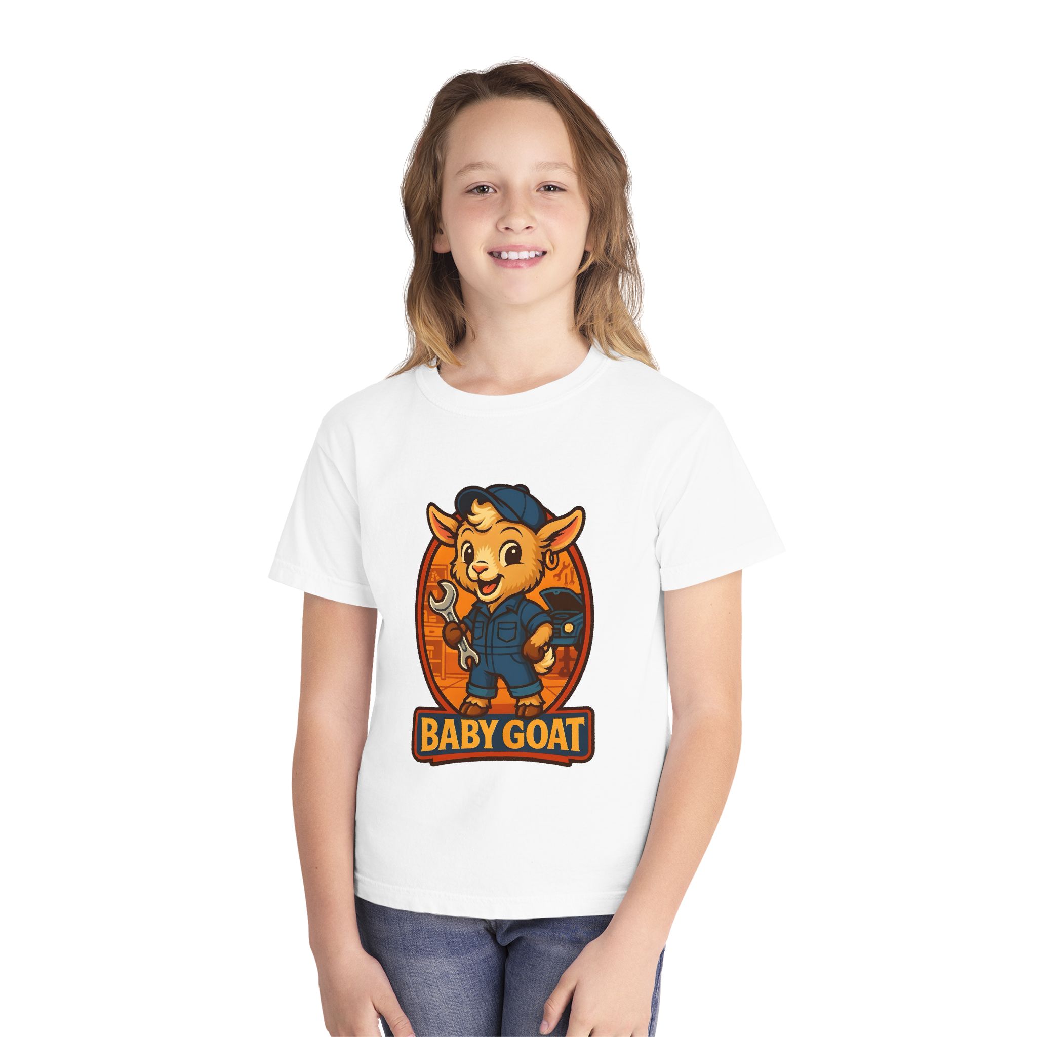 Ollie the Auto Helper Baby Goat Kid’s Tee – Cute Mechanic Baby Goat Graphic Shirt - Image 3