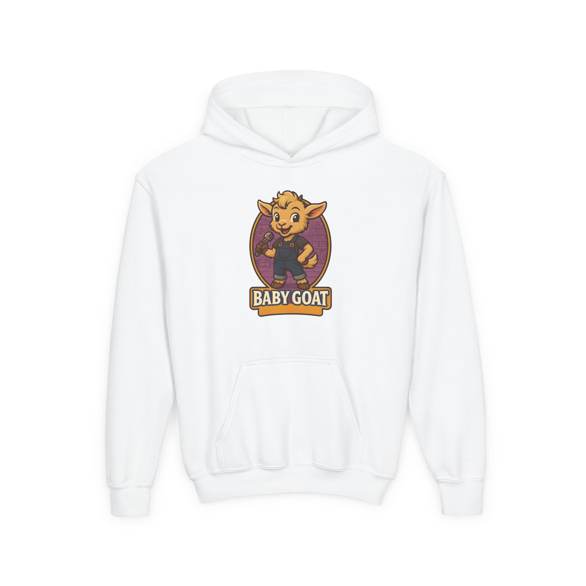 Ollie the Fix-It Goat Youth Hoodie — "Baby Goat" Cartoon Goat Kids Pullover