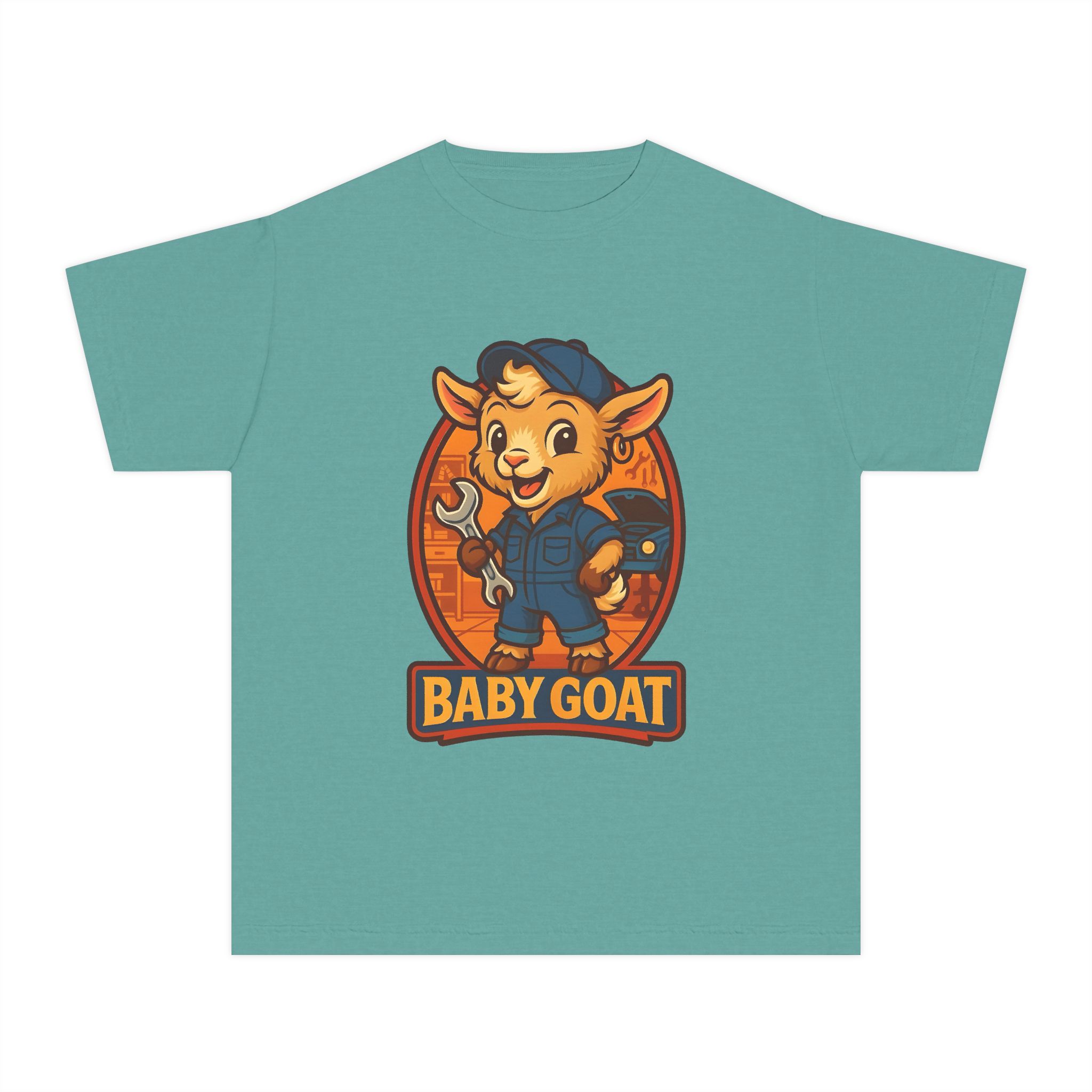 Ollie the Auto Helper Baby Goat Kid’s Tee – Cute Mechanic Baby Goat Graphic Shirt - Image 4