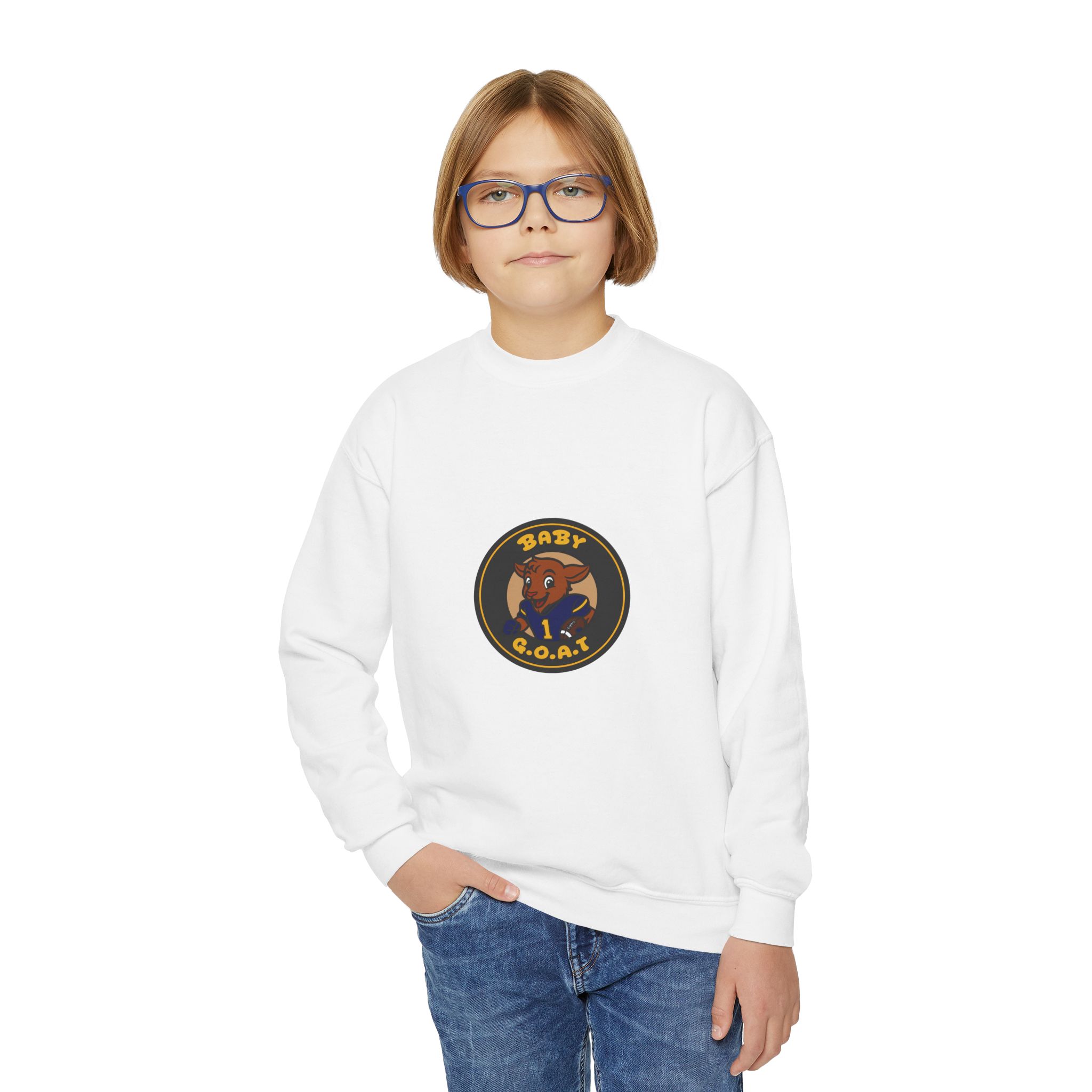 Davon The Touchdown Star Yello Background Youth Crewneck Sweatshirt — "Baby G.O.A.T." Cartoon Goat Logo - Image 3