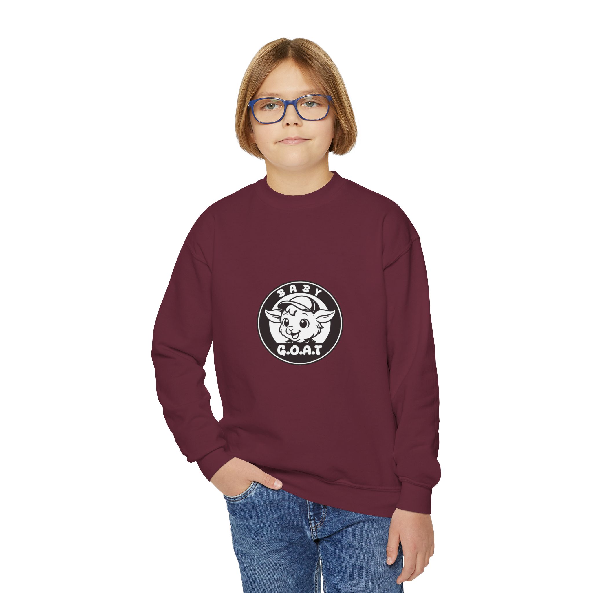Baby G.O.A.T – Classic Edition Youth Crewneck Sweatshirt — "Baby G.O.A.T." Cute Goat Logo Kids Pullover - Image 7