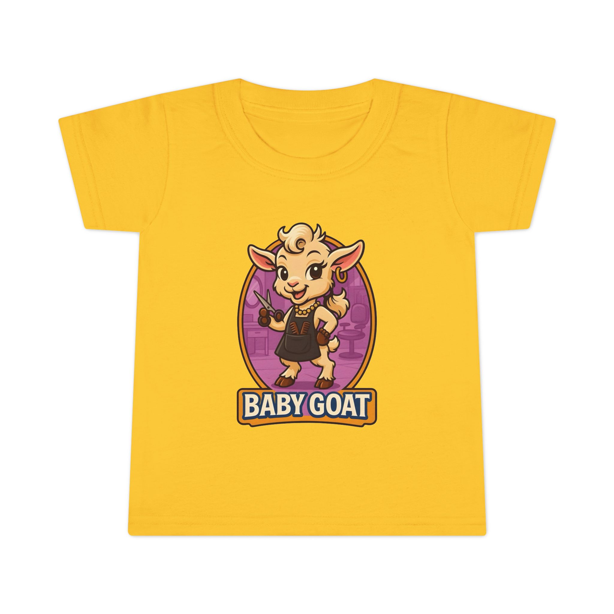 Joy the Stylist Baby Goat Toddler T-Shirt — Cute Cartoon Kid's Tee ("BABY GOAT" Design) - Image 4
