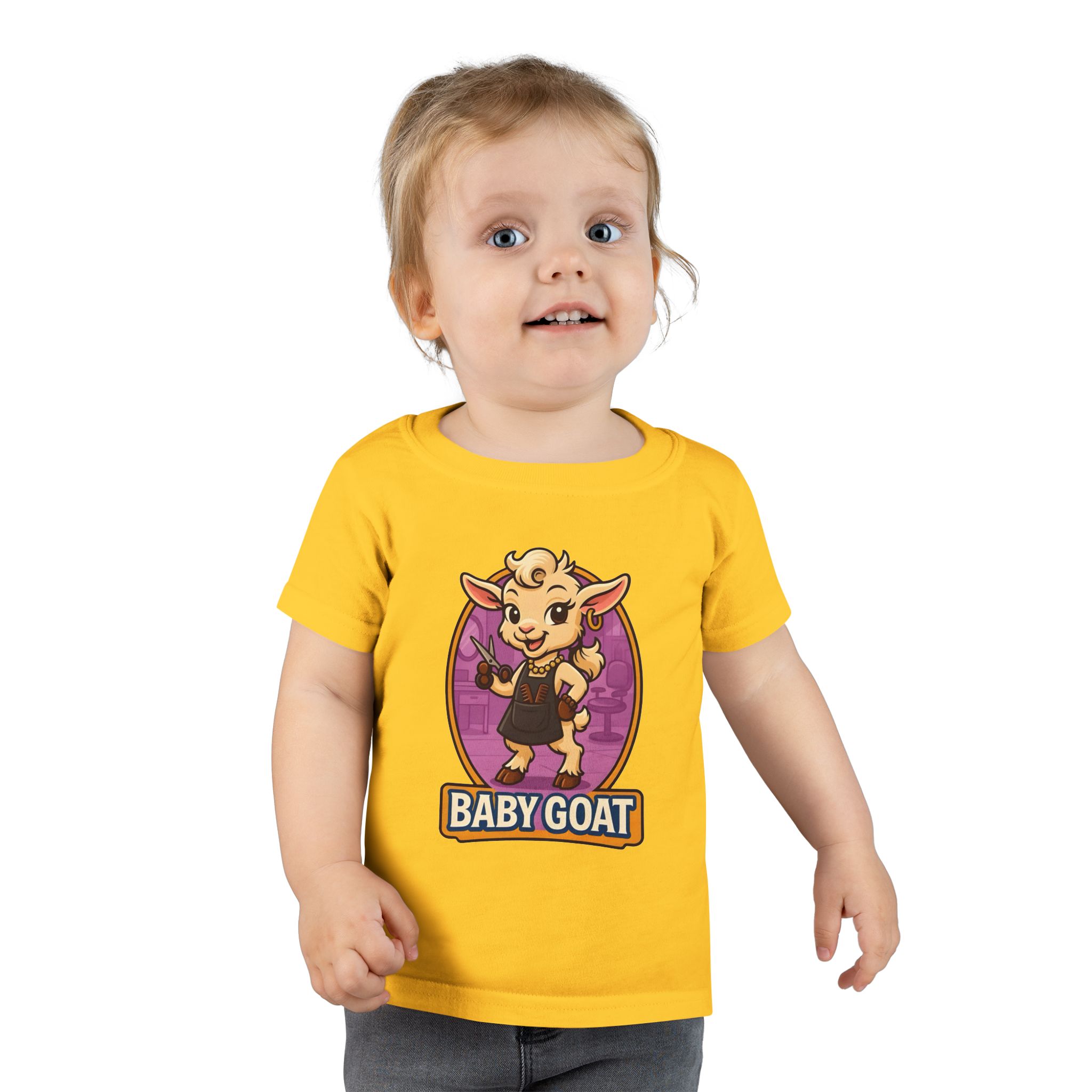 Joy the Stylist Baby Goat Toddler T-Shirt — Cute Cartoon Kid's Tee ("BABY GOAT" Design) - Image 6