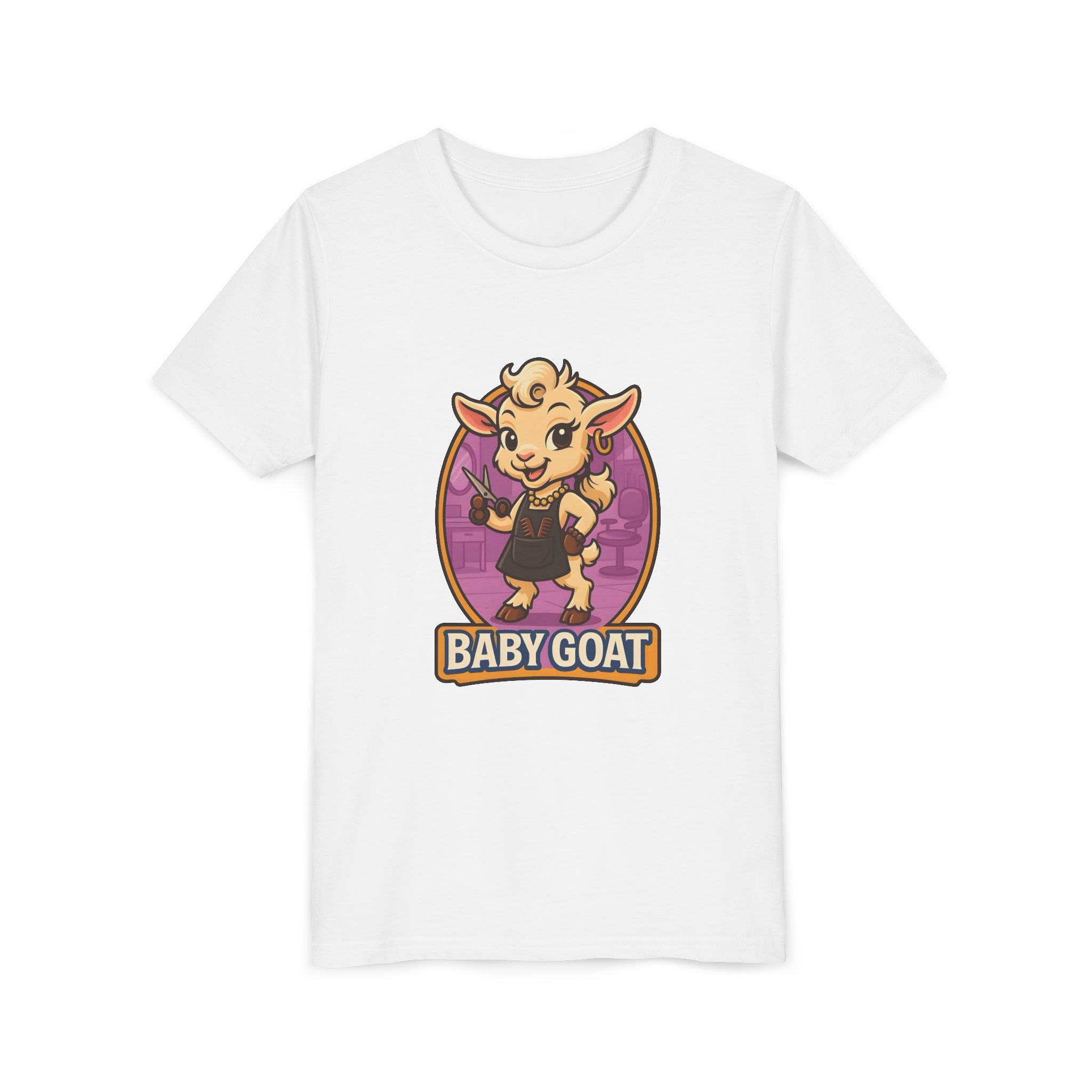 Joy the Stylist Baby Goat Youth T‑Shirt — Cute Cartoon Kid Tee with 'Baby Goat' Text - Image 3