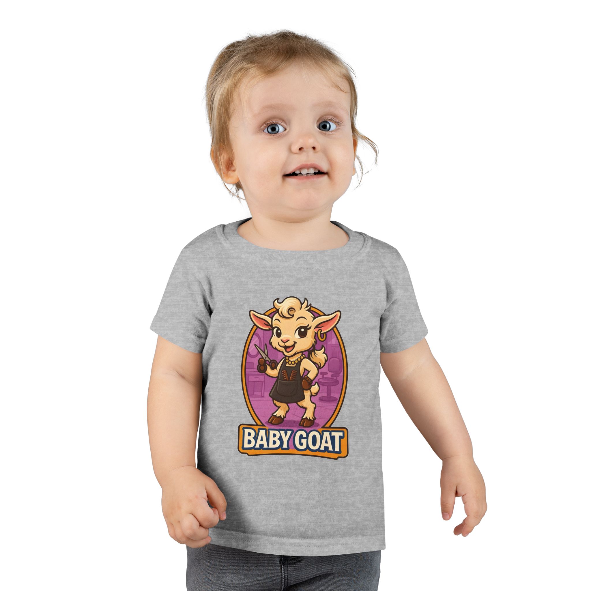 Joy the Stylist Baby Goat Toddler T-Shirt — Cute Cartoon Kid's Tee ("BABY GOAT" Design) - Image 3