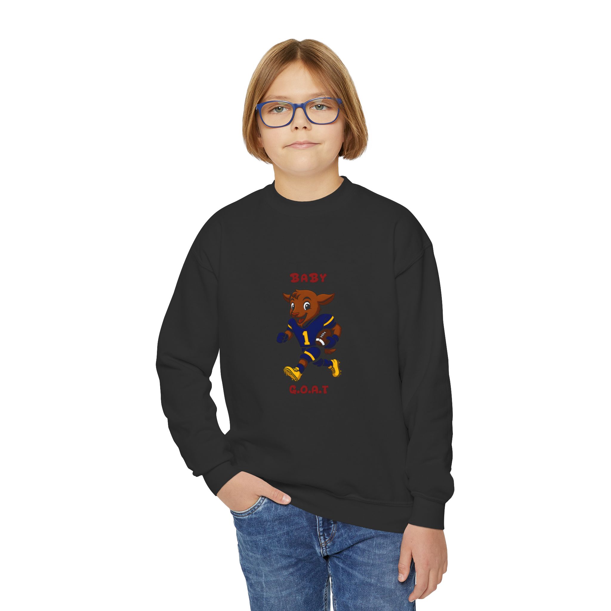 Davon The Touchdown Star In Action Baby G.O.A.T. Youth Crewneck Sweatshirt — Cute Cartoon Goat Graphic - Image 7