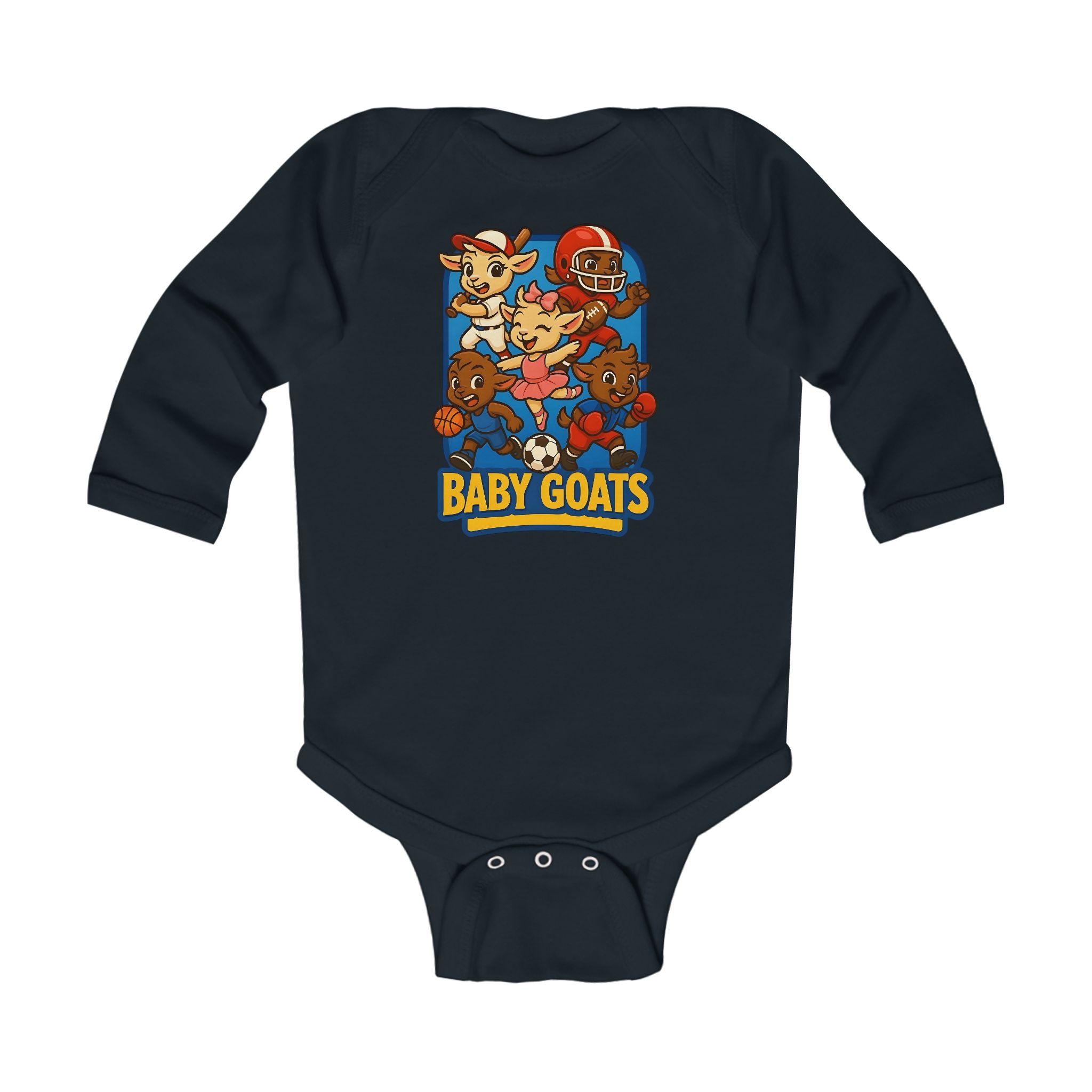 The Little Champs Crew Baby Goats Infant Long-Sleeve Bodysuit — Cute Cartoon Kids Graphic Onesie