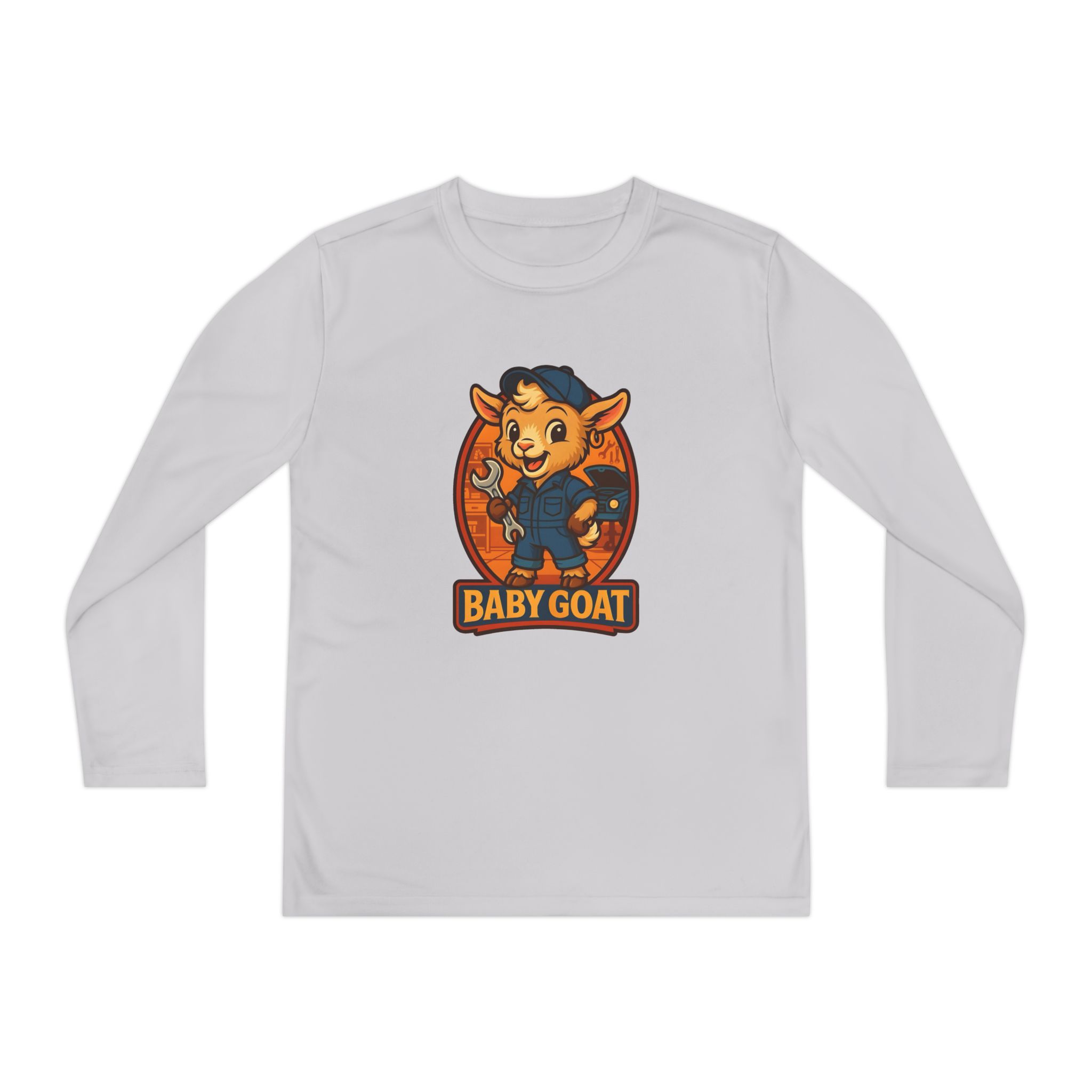 Ollie the Auto Helper Baby Goat Kids Long Sleeve Tee — Cute Cartoon Goat Graphic