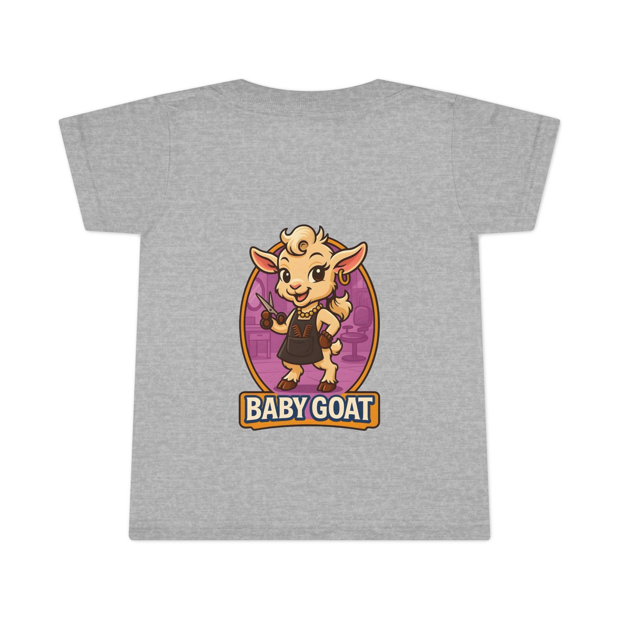 Joy the Stylist Baby Goat Toddler T-Shirt — Cute Cartoon Kid's Tee ("BABY GOAT" Design) - Image 2