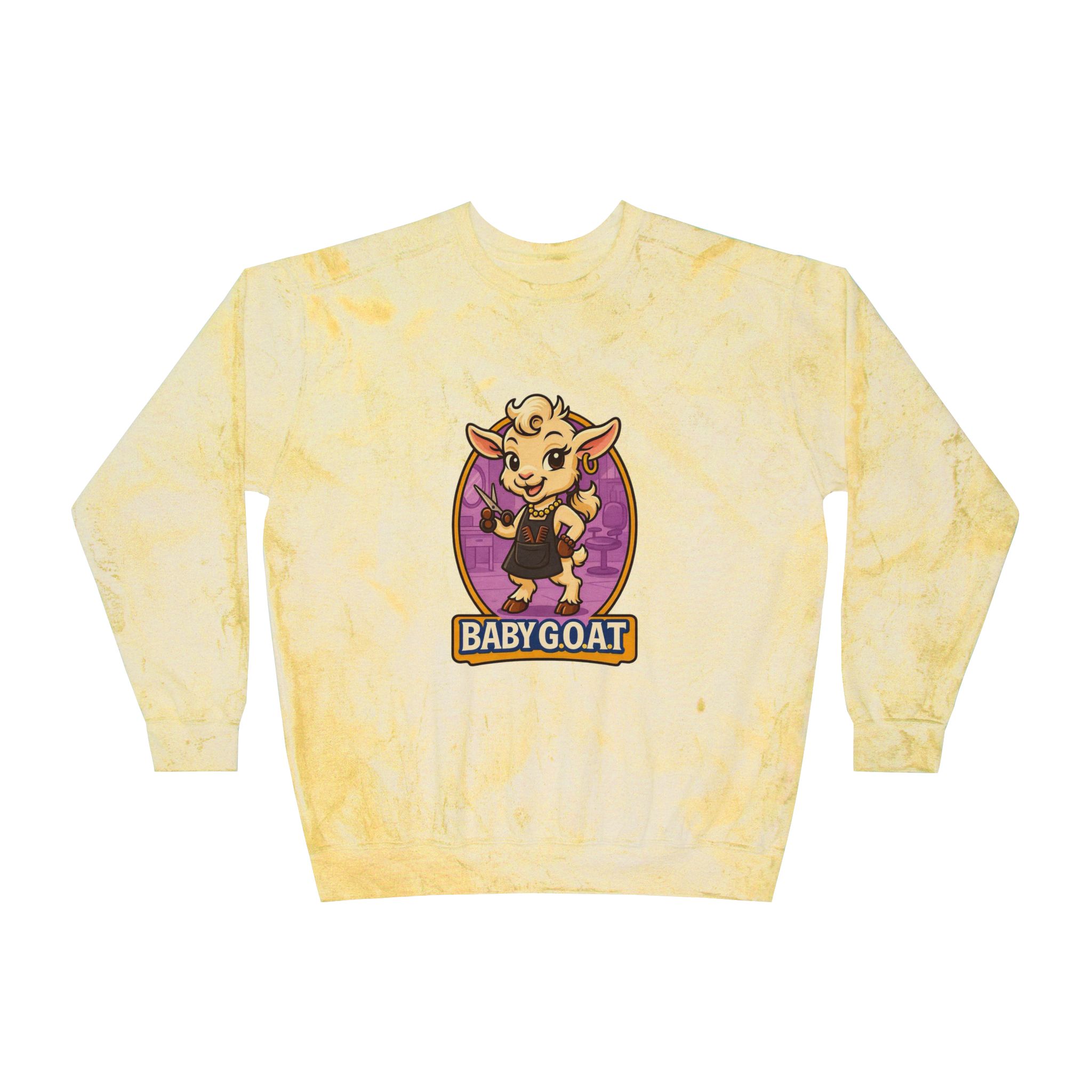 Joy The Stylist Baby Goat Graphic Crewneck Sweatshirt — Yellow Tie-Dye ‘BABYGOAT’ Design