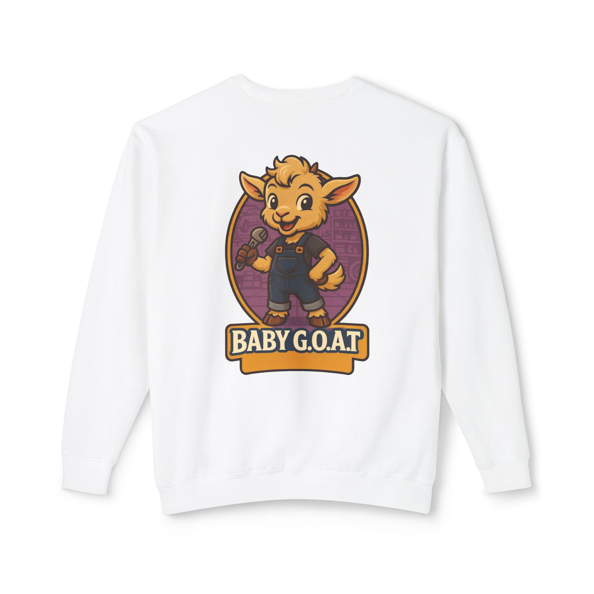 Ollie The Fix-It Goat Baby G.O.A.T. Crewneck Sweatshirt — Cute Cartoon Goat Graphic